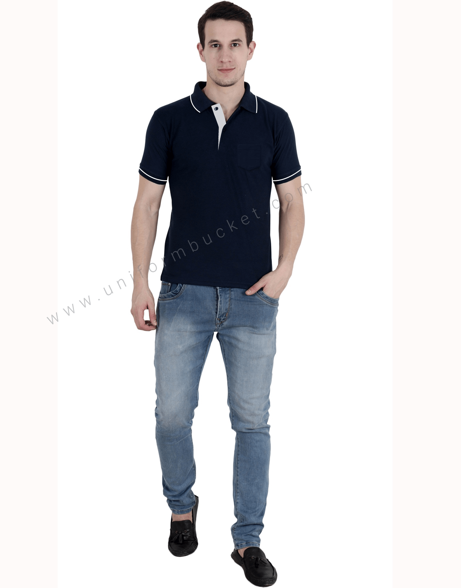 Navy Polo Neck T Shirt With White Trims view 1
