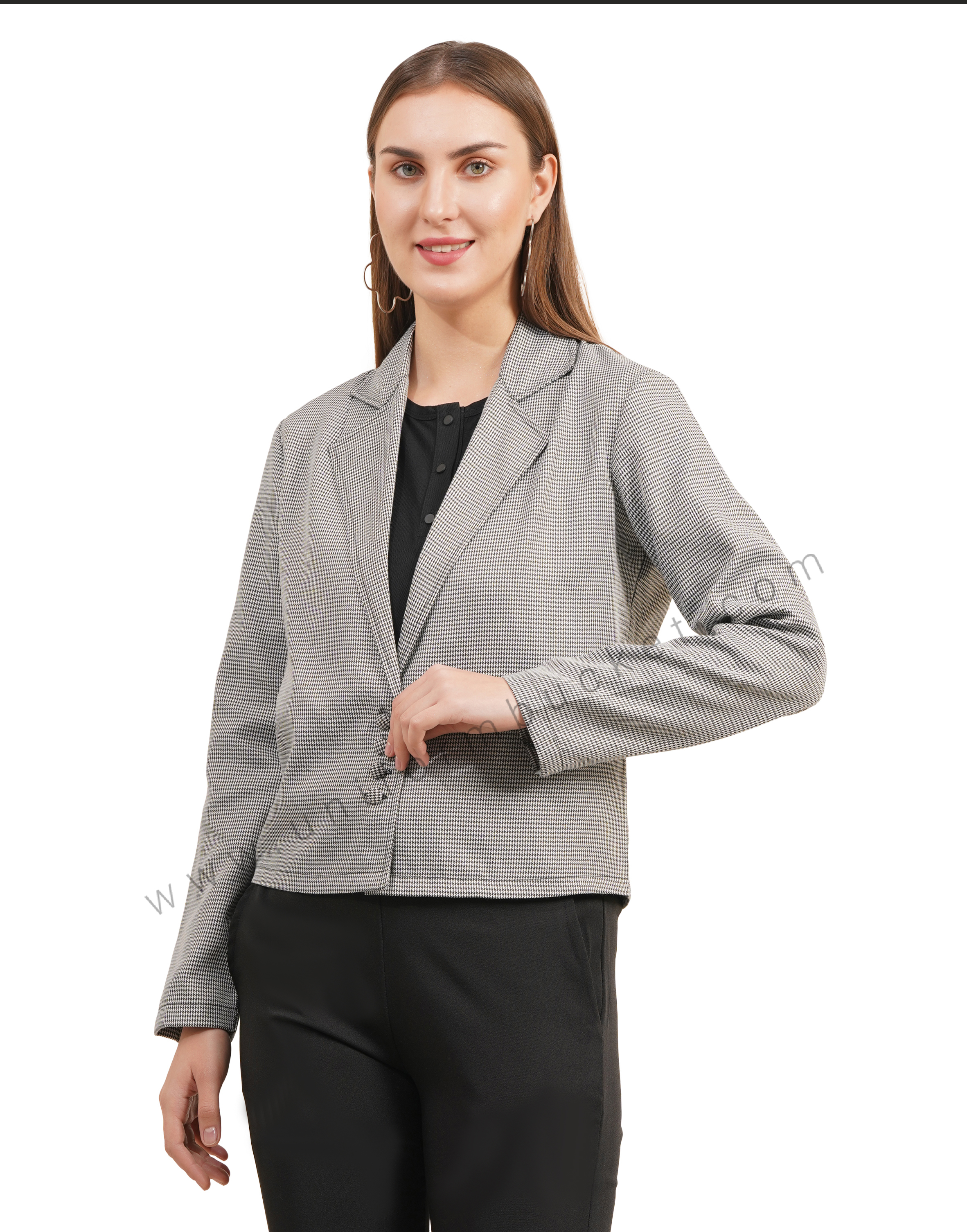 NOTCHED LAPEL STYLISH SHORT  SHEPHERD CHECK BLAZER thumbnail 2