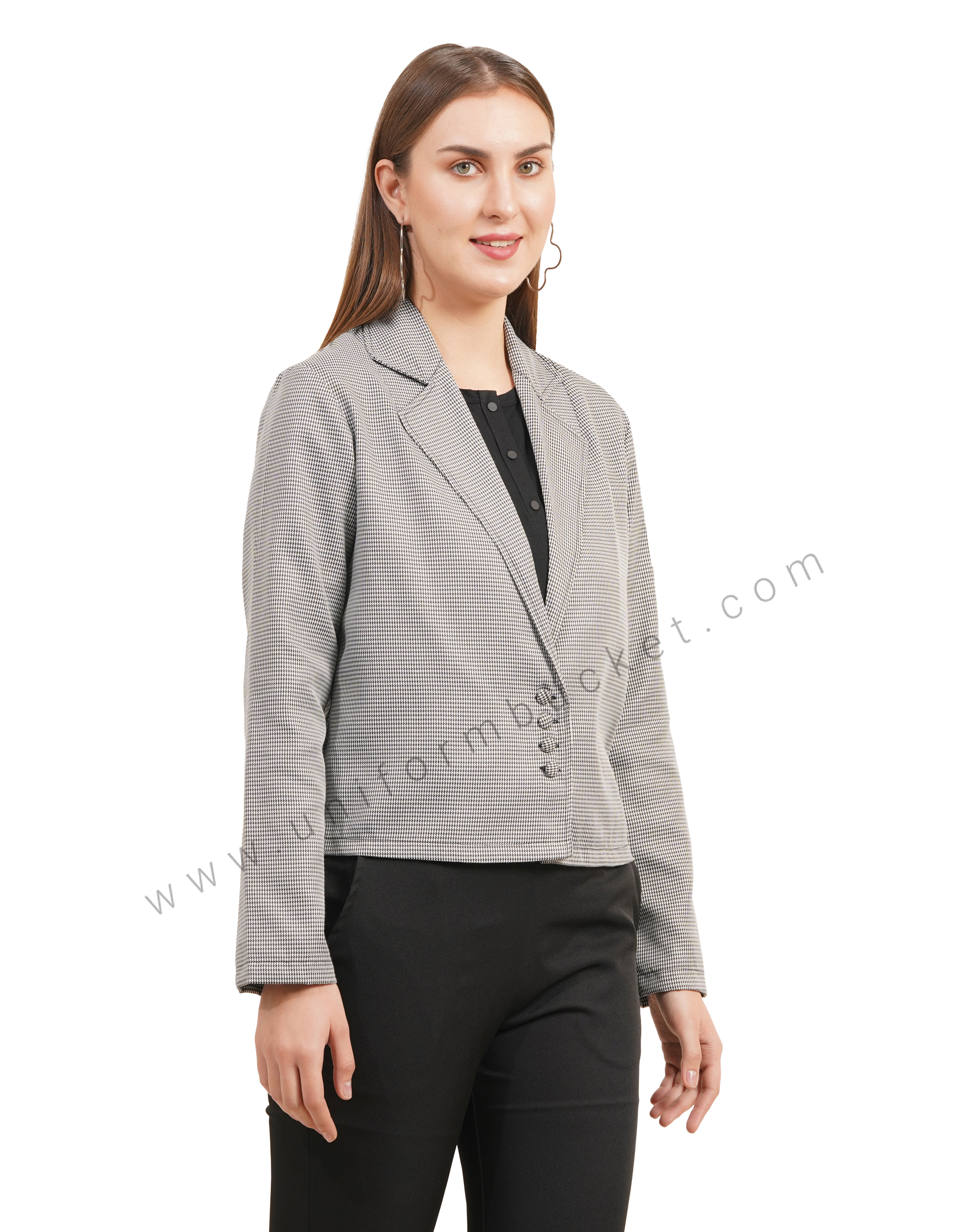 NOTCHED LAPEL STYLISH SHORT  SHEPHERD CHECK BLAZER thumbnail 3