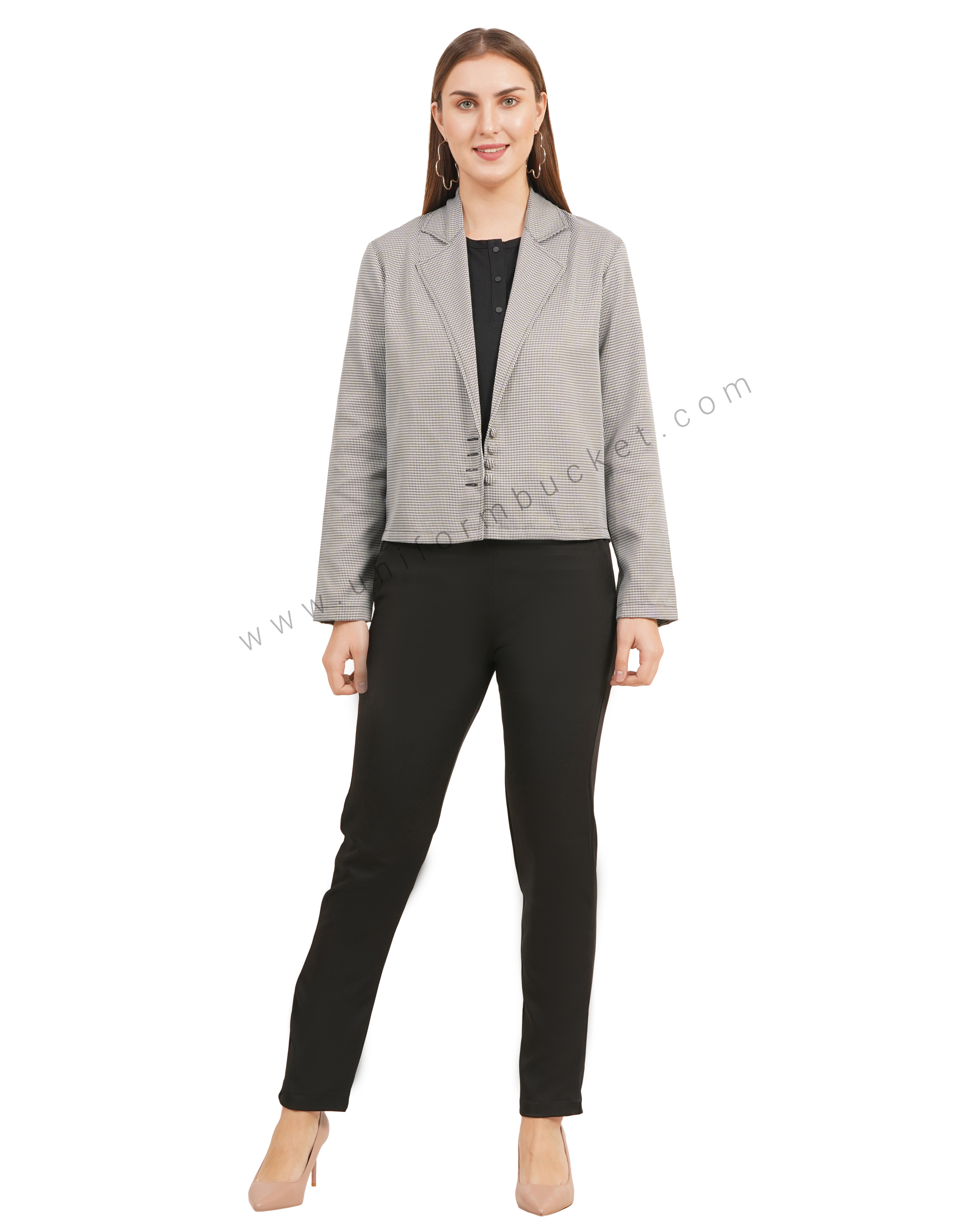 NOTCHED LAPEL STYLISH SHORT  SHEPHERD CHECK BLAZER thumbnail 4