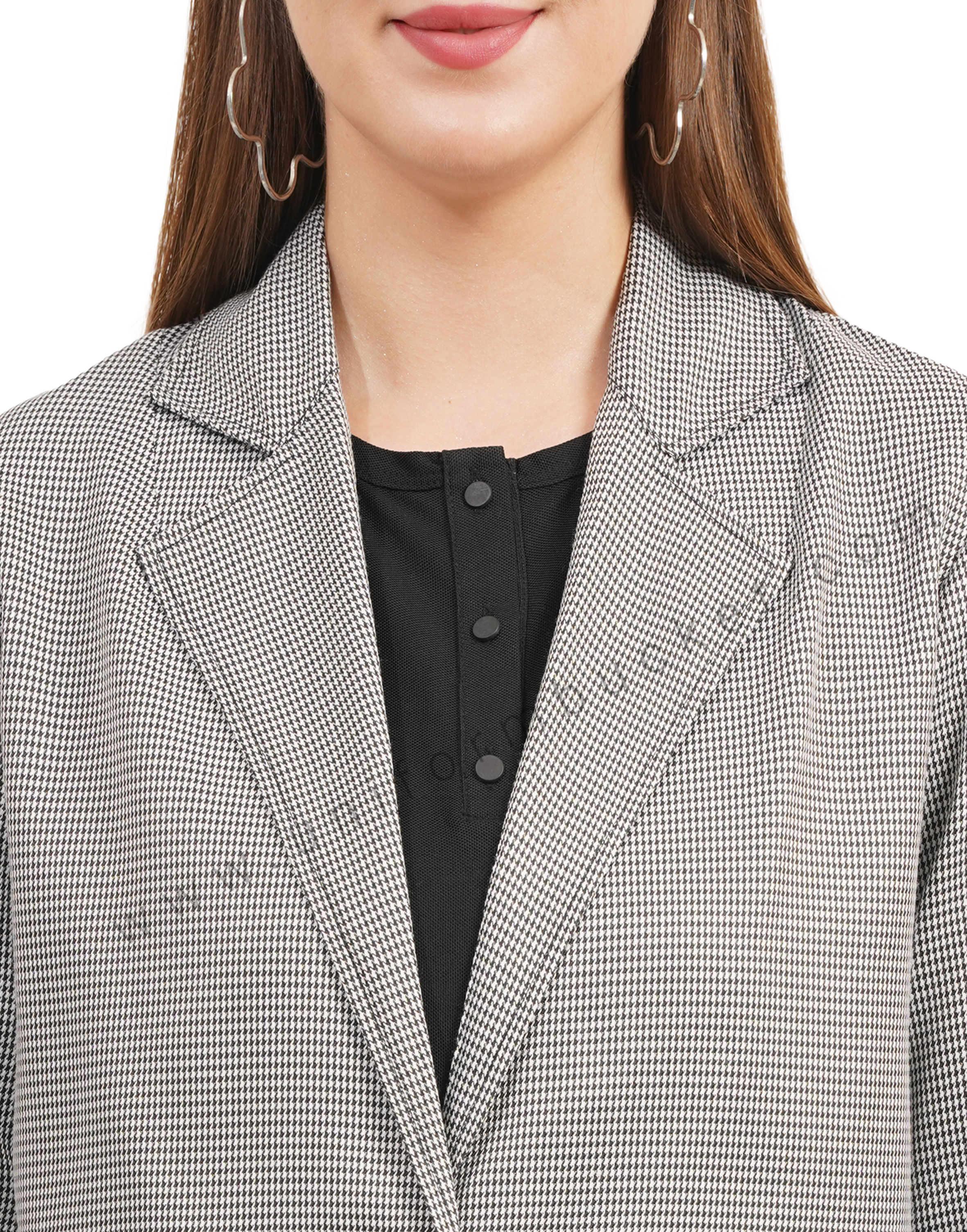 NOTCHED LAPEL STYLISH SHORT  SHEPHERD CHECK BLAZER thumbnail 5