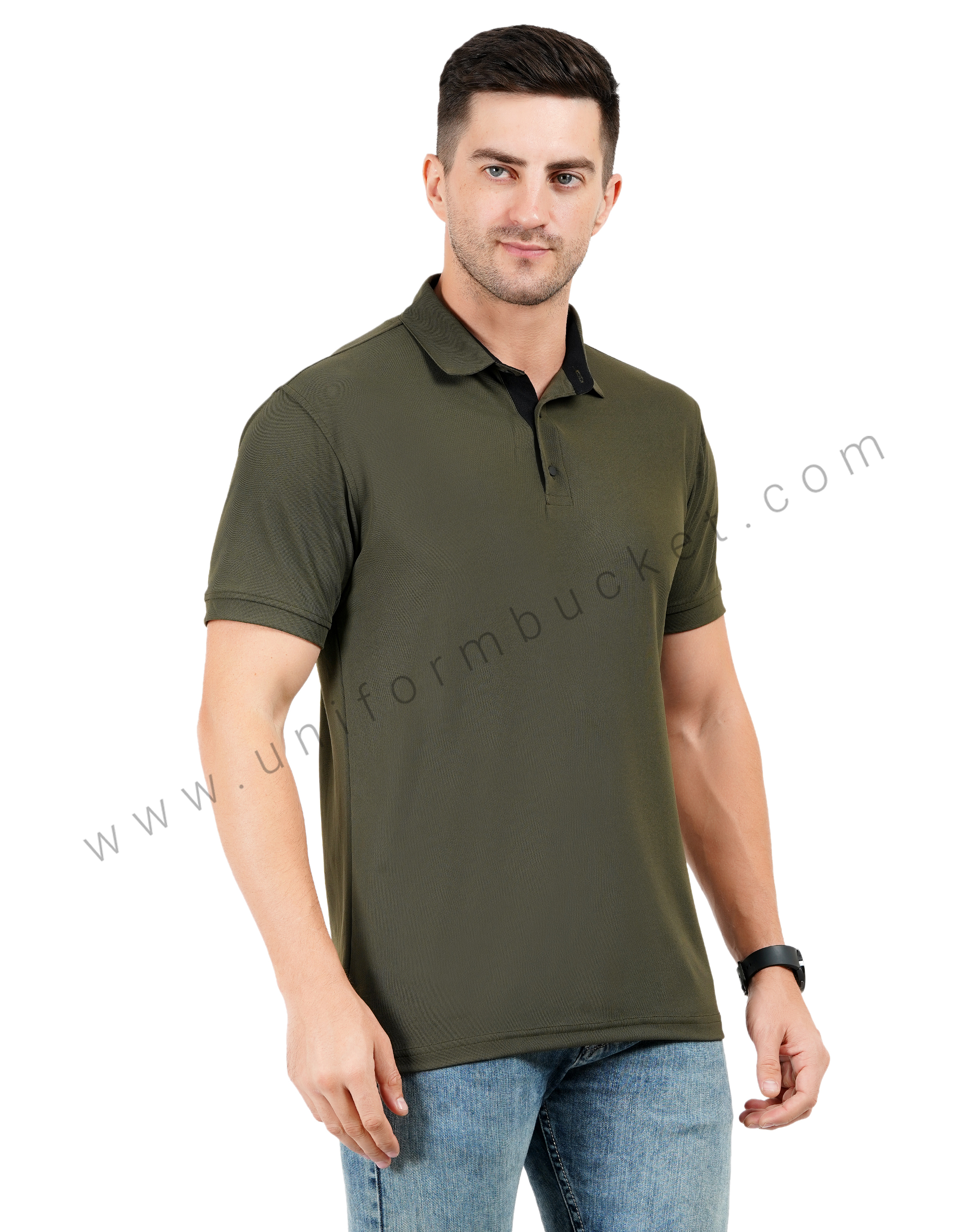 Army green polo T-shirt with black trim detailing view 1