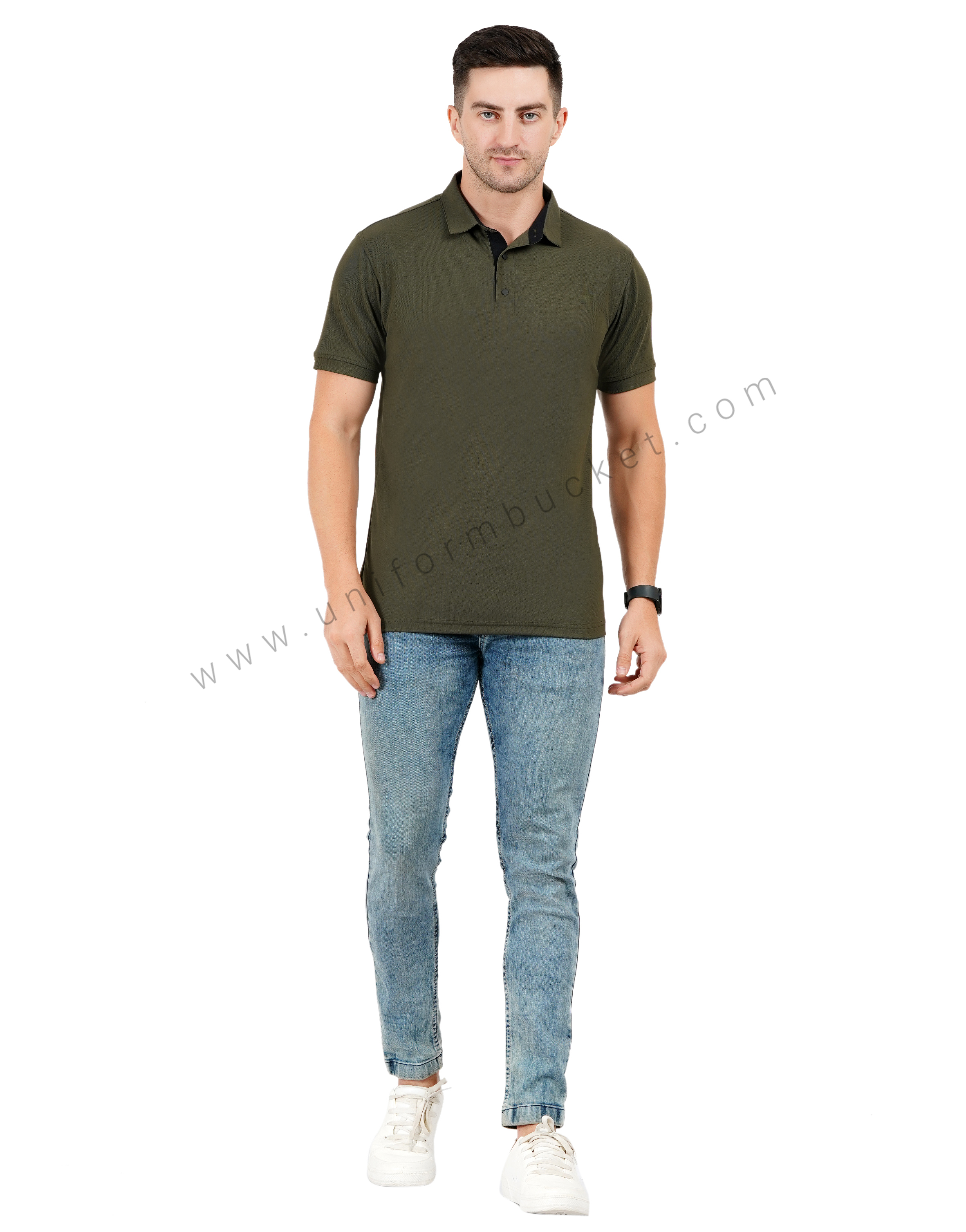 Army green polo T-shirt with black trim detailing thumbnail 5