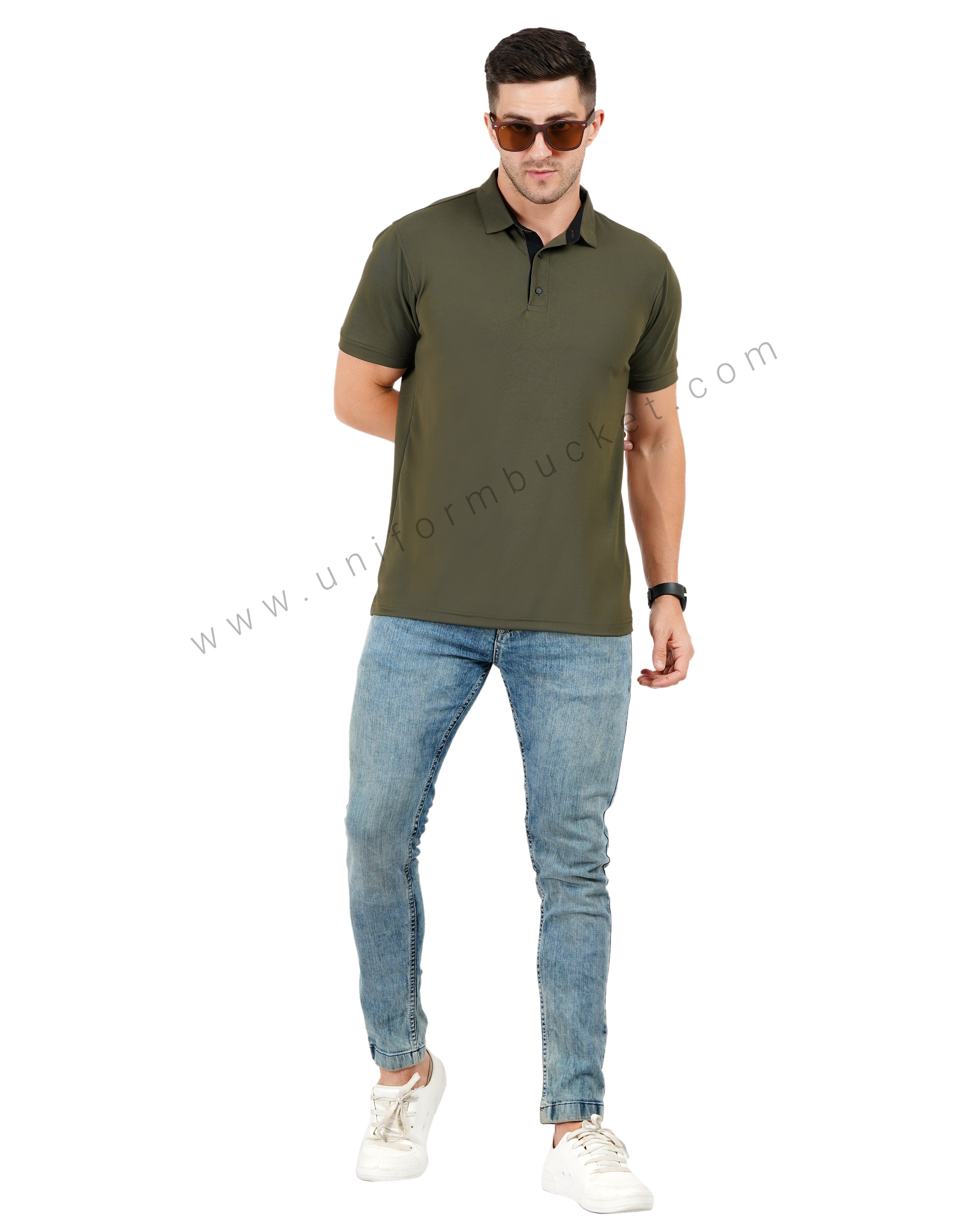 Army green polo T-shirt with black trim detailing thumbnail 6