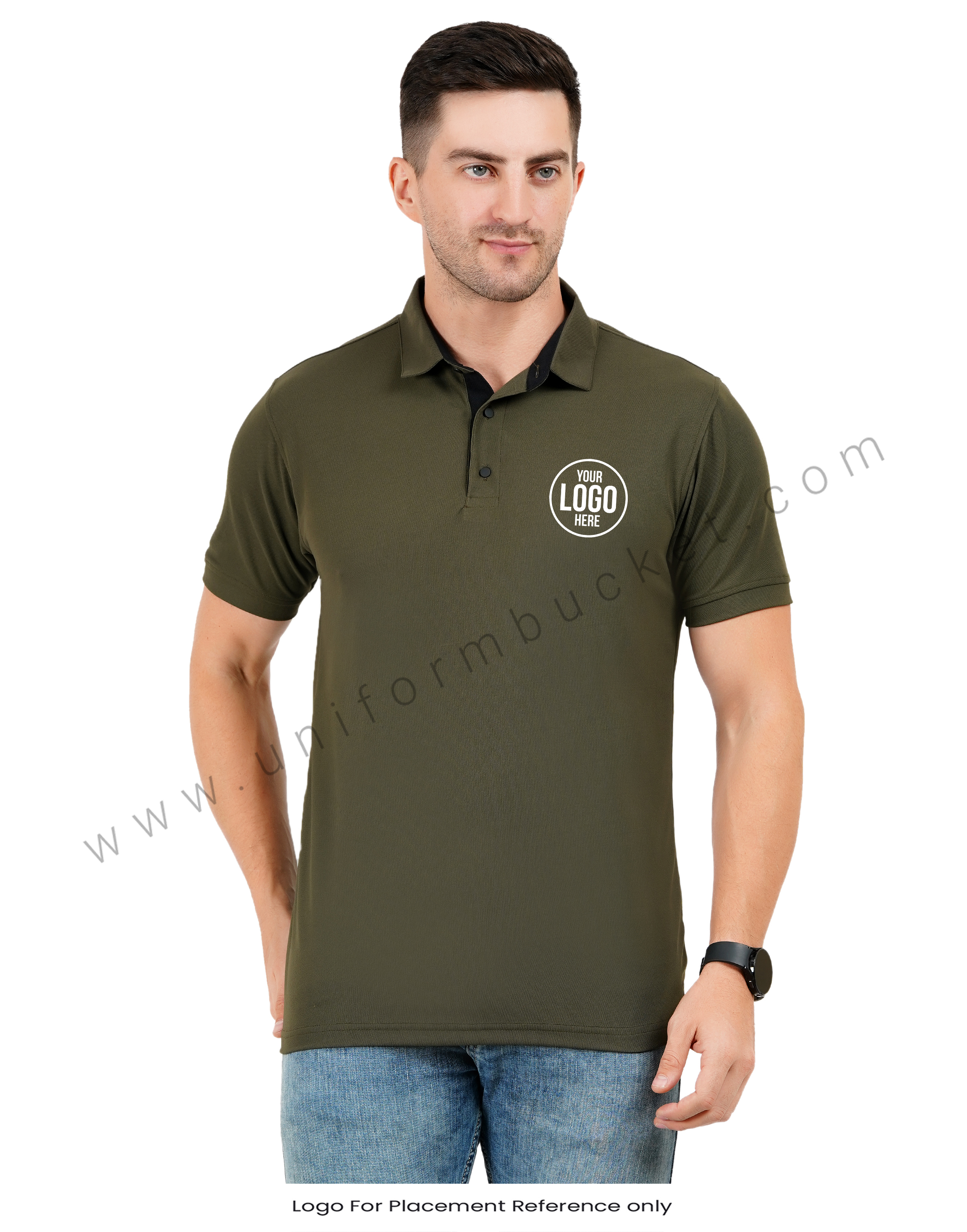 Army green polo T-shirt with black trim detailing thumbnail 7