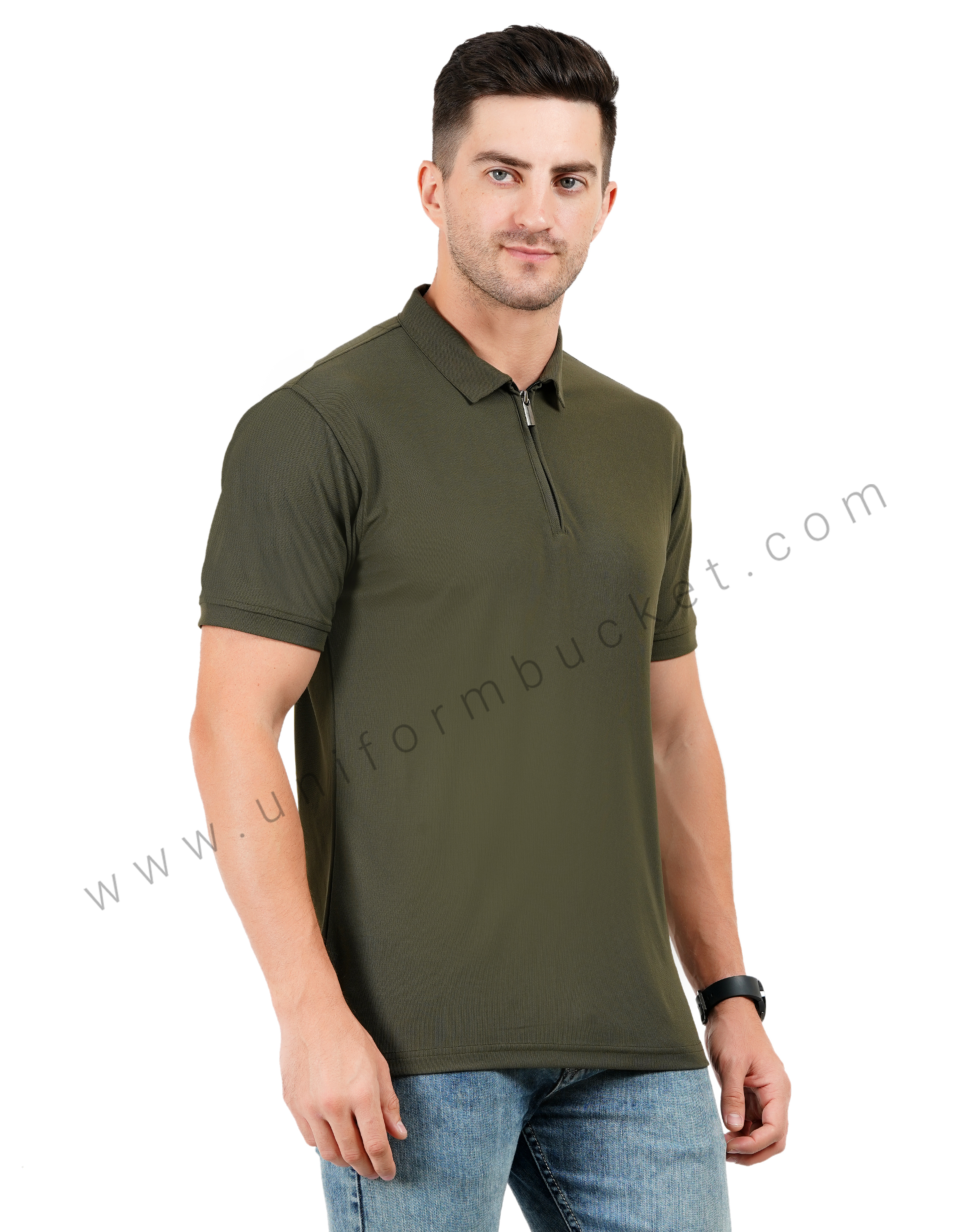 Army green zipper polo T-shirt view 1