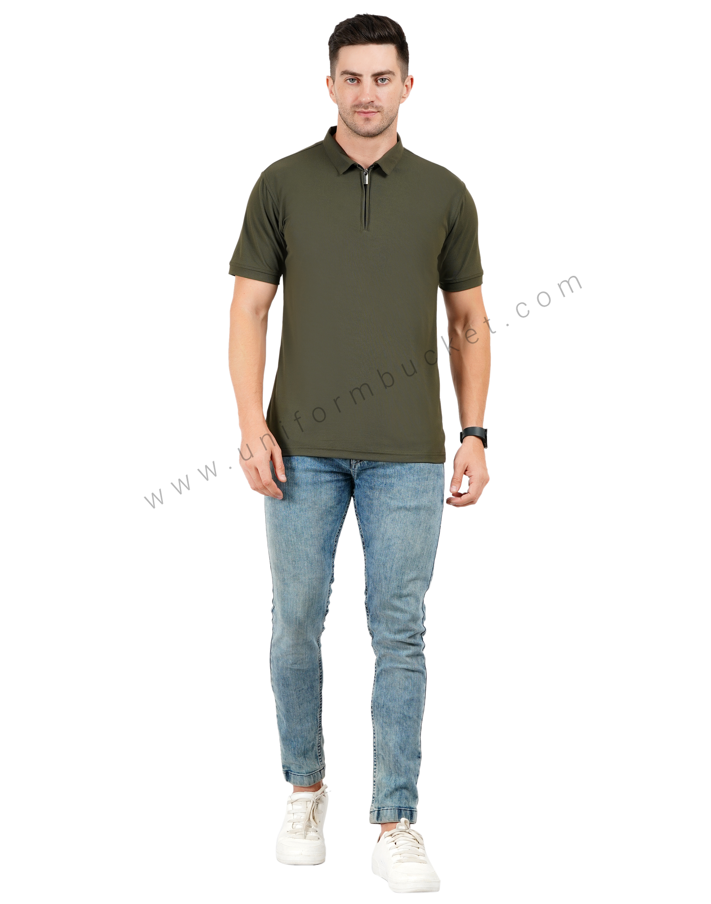 Army green zipper polo T-shirt thumbnail 4