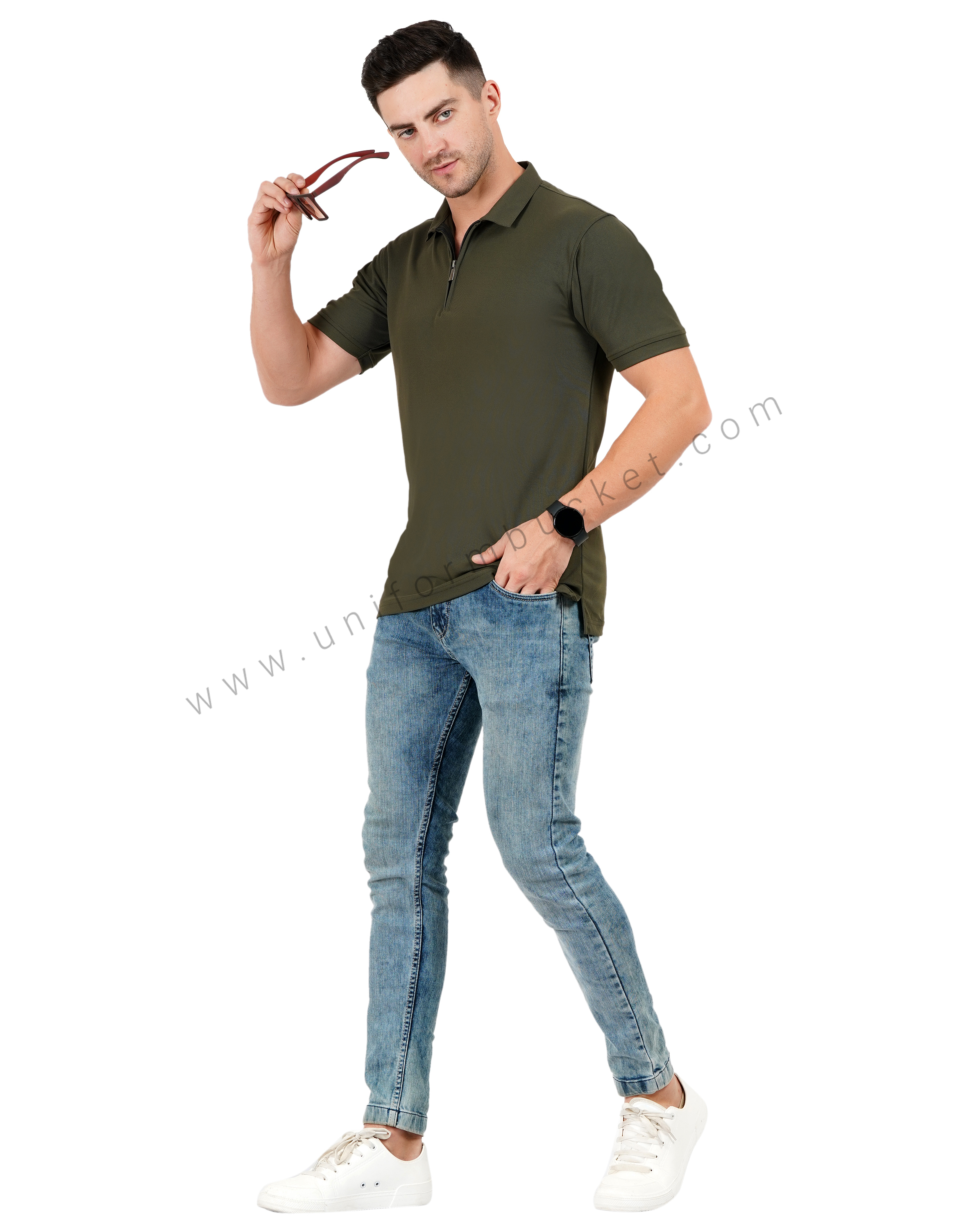 Army green zipper polo T-shirt thumbnail 5