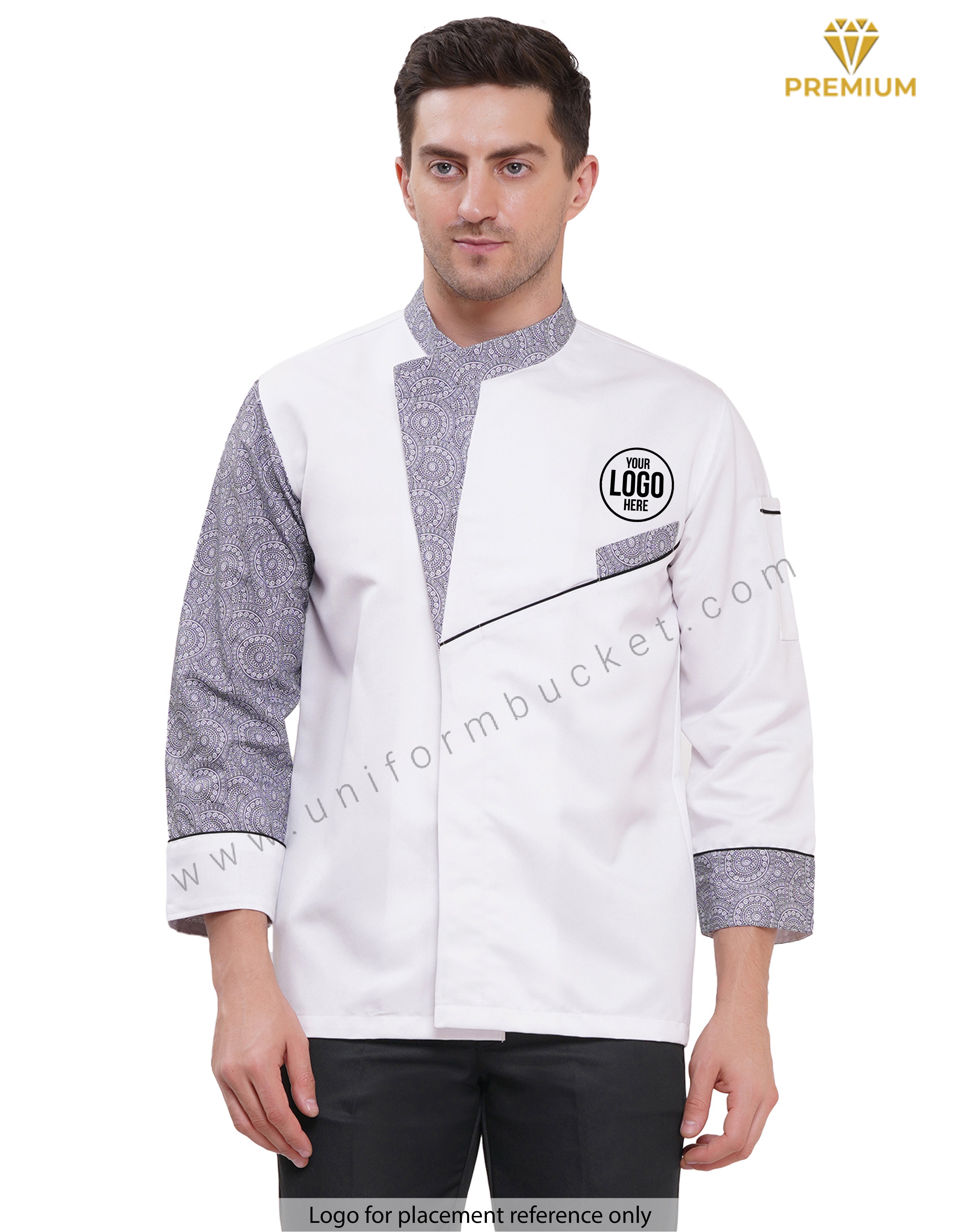 premium white designer chef coat with paisley printed trim view 1