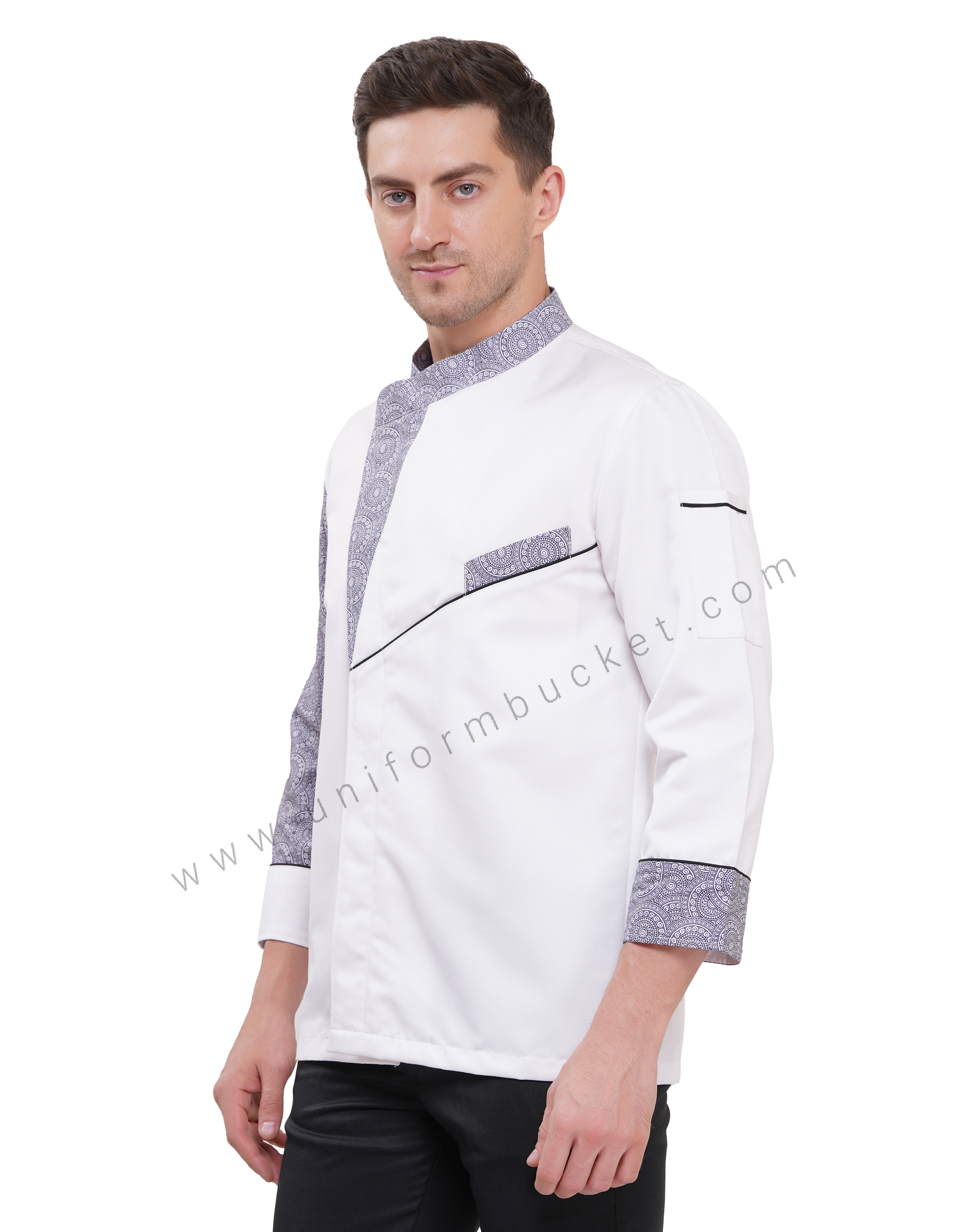 premium white designer chef coat with paisley printed trim thumbnail 2
