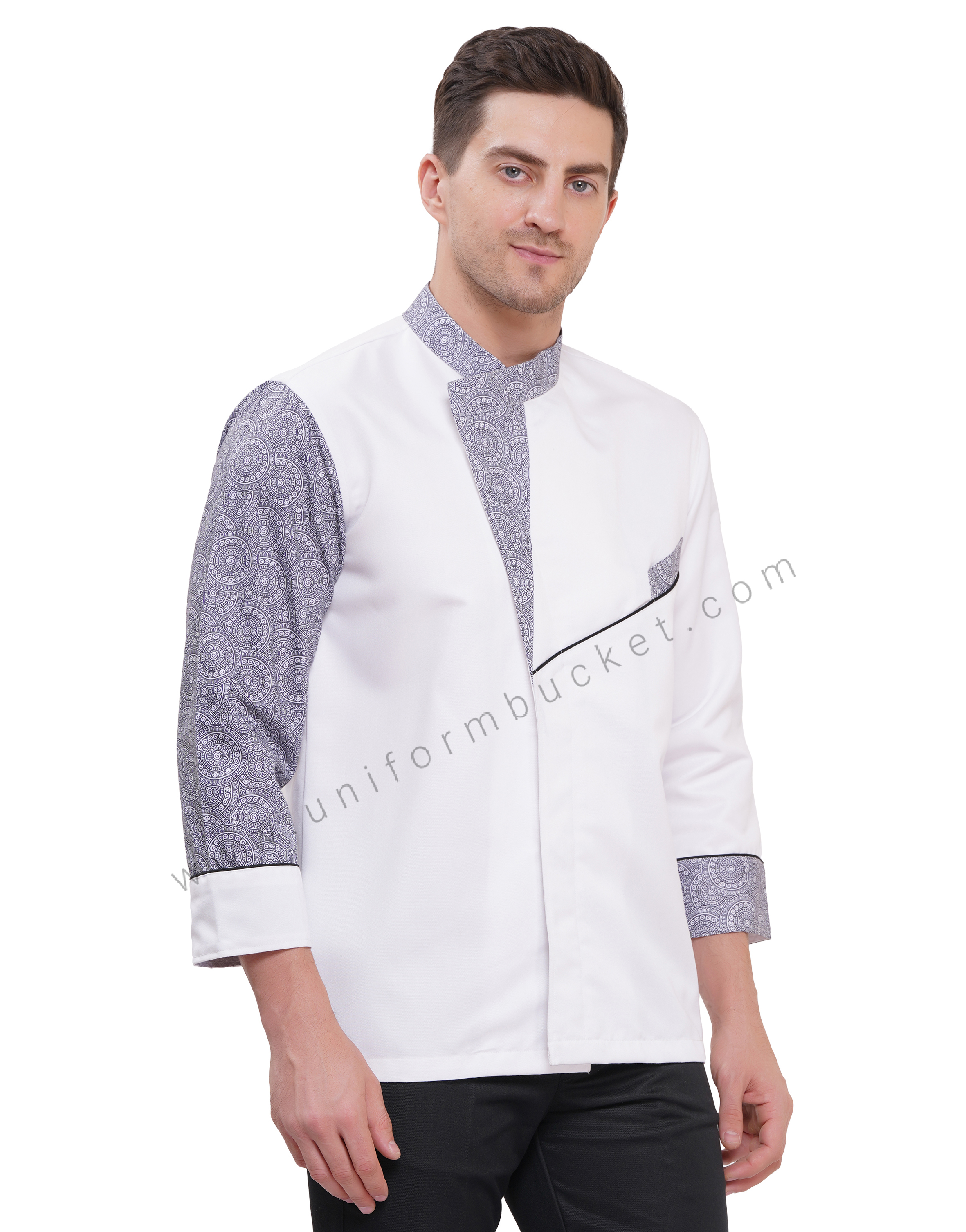 premium white designer chef coat with paisley printed trim thumbnail 3