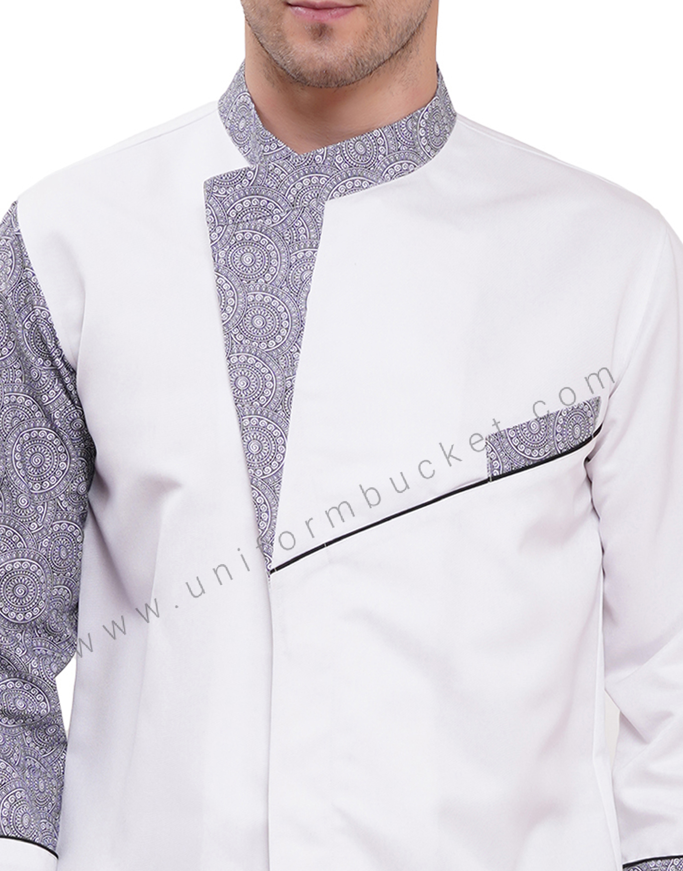 premium white designer chef coat with paisley printed trim thumbnail 5