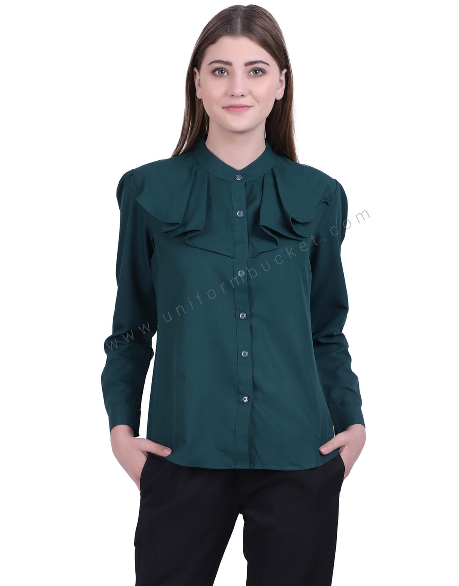 Bottle Green Formal Shirt With Ruffles view 1