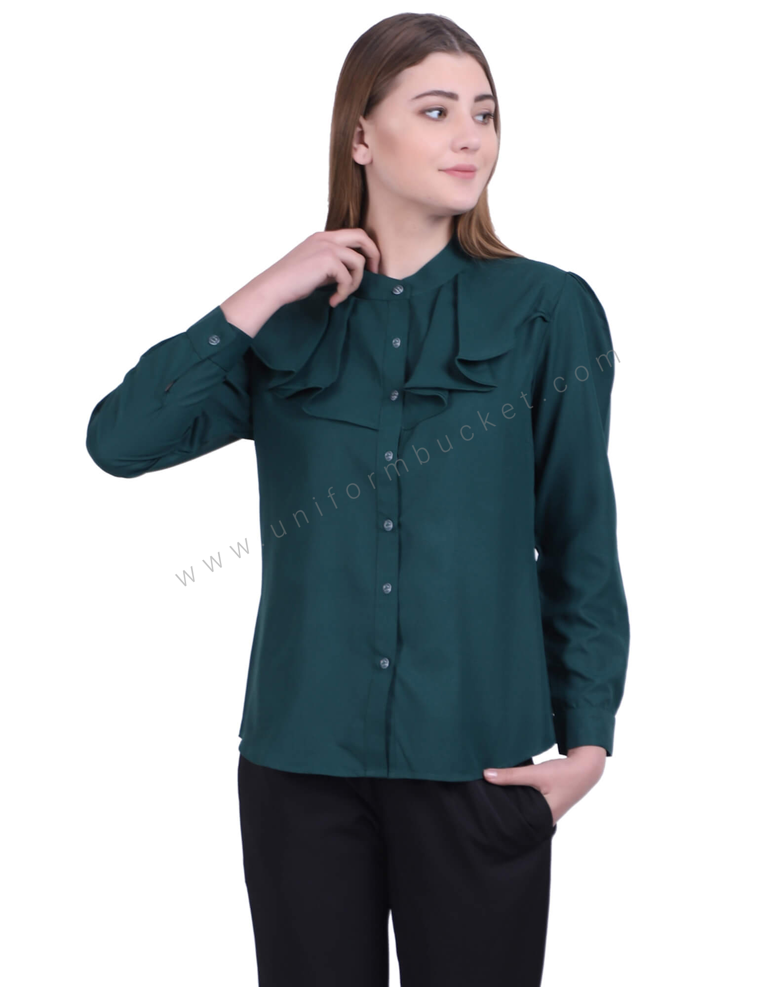 Bottle Green Formal Shirt With Ruffles thumbnail 3