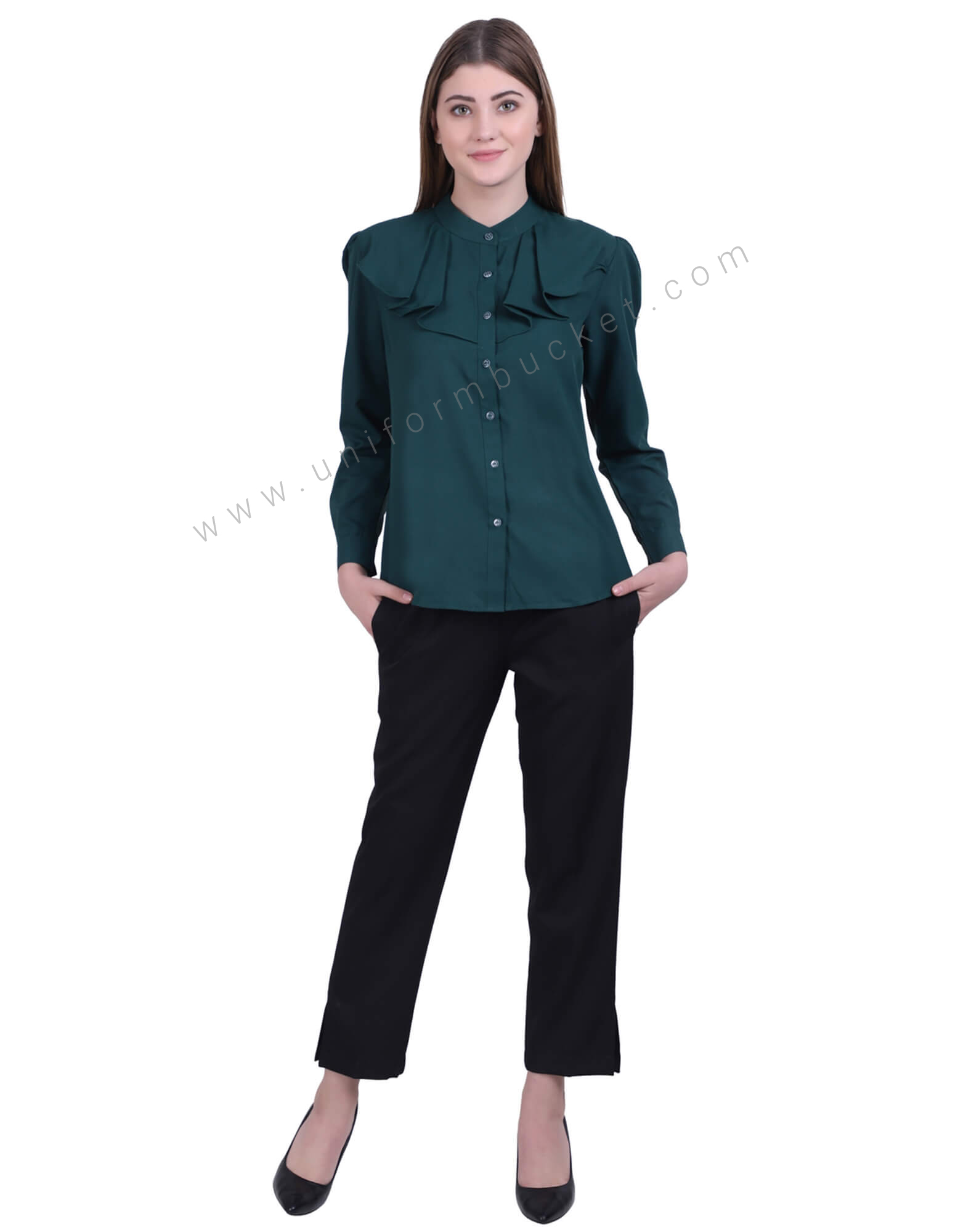 Bottle Green Formal Shirt With Ruffles thumbnail 5