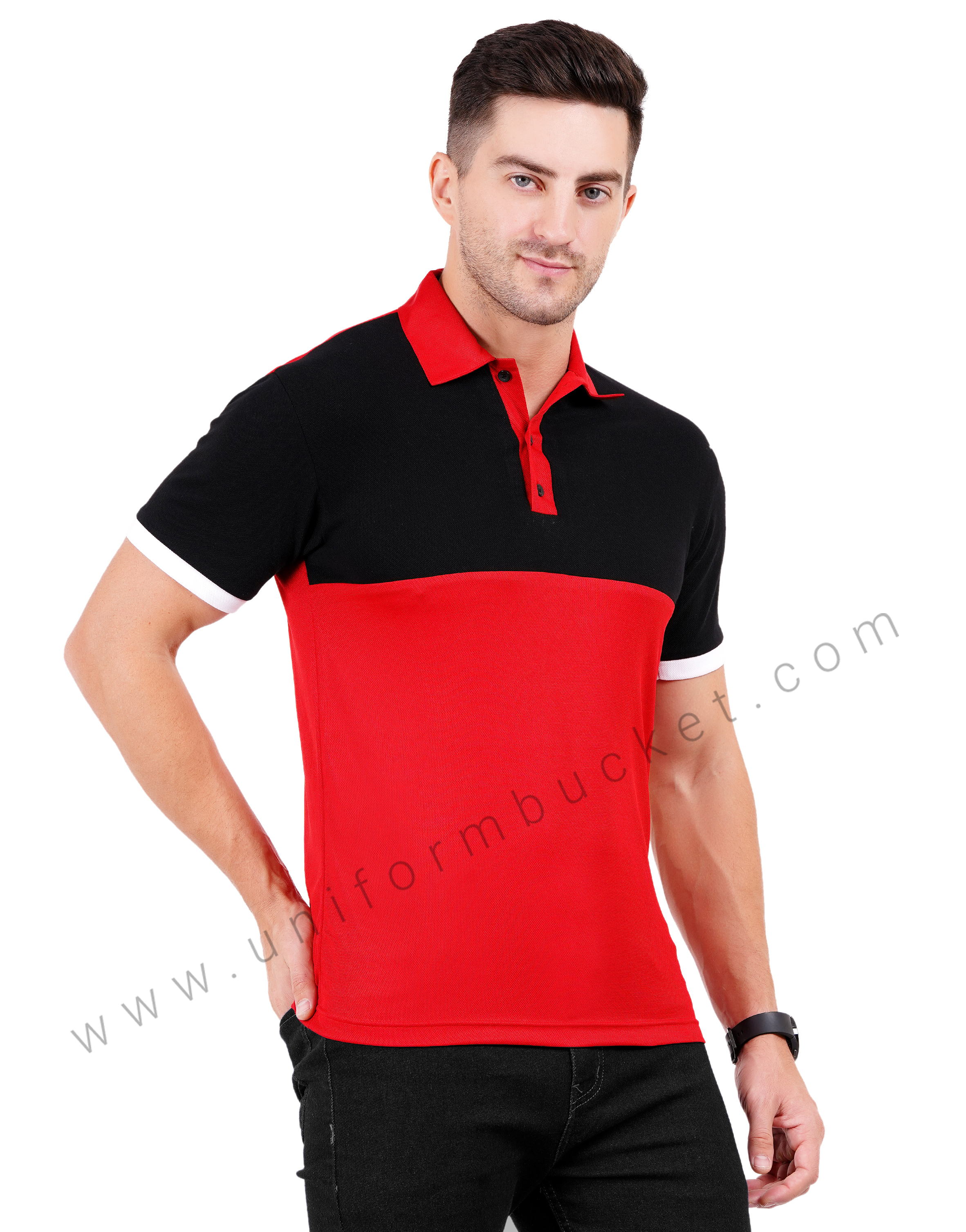Red and black color-blocked polo T-shirt thumbnail 2