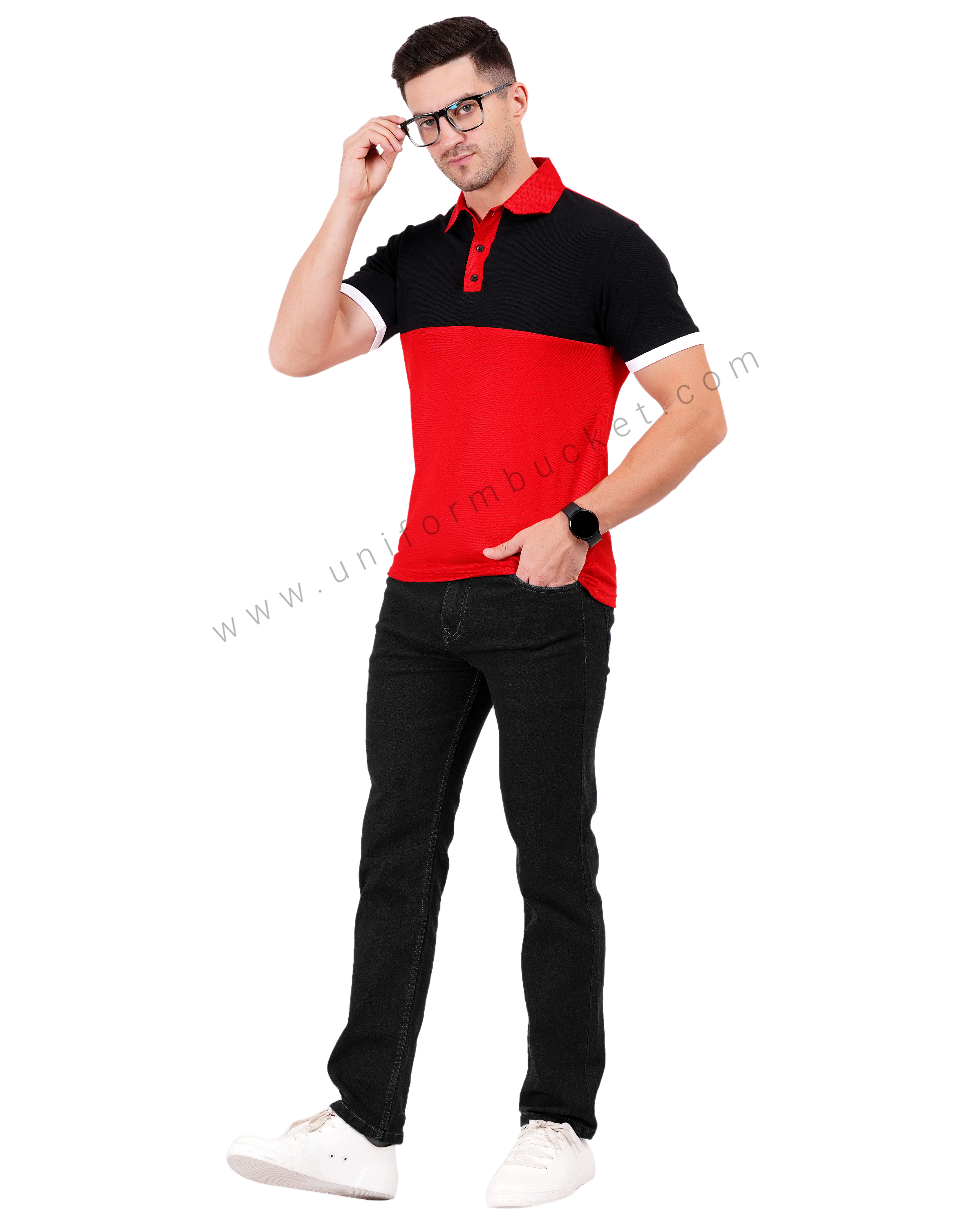 Red and black color-blocked polo T-shirt thumbnail 5