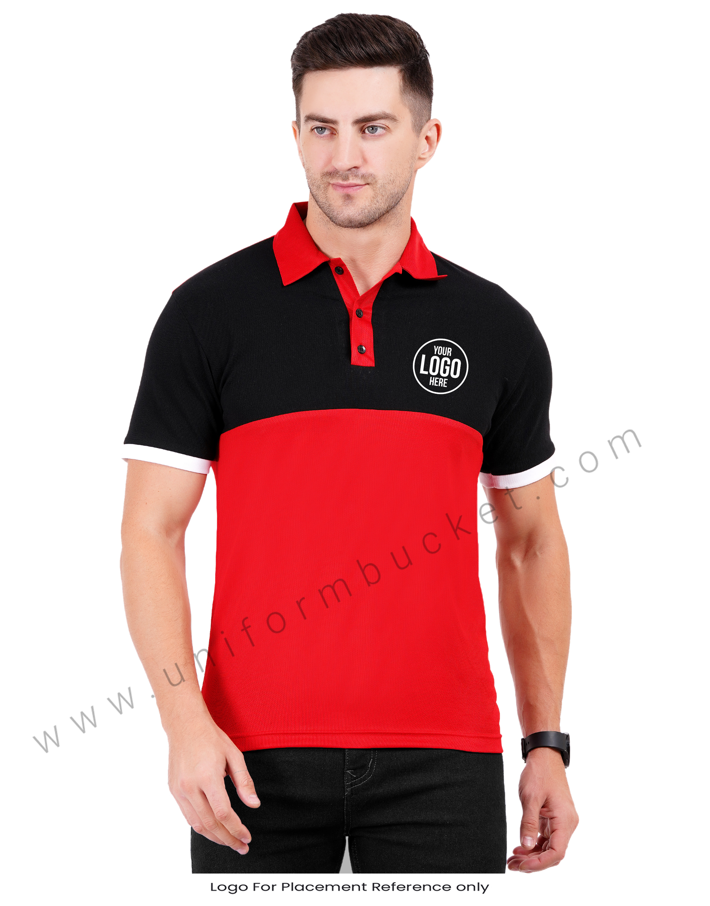 Red and black color-blocked polo T-shirt view 1