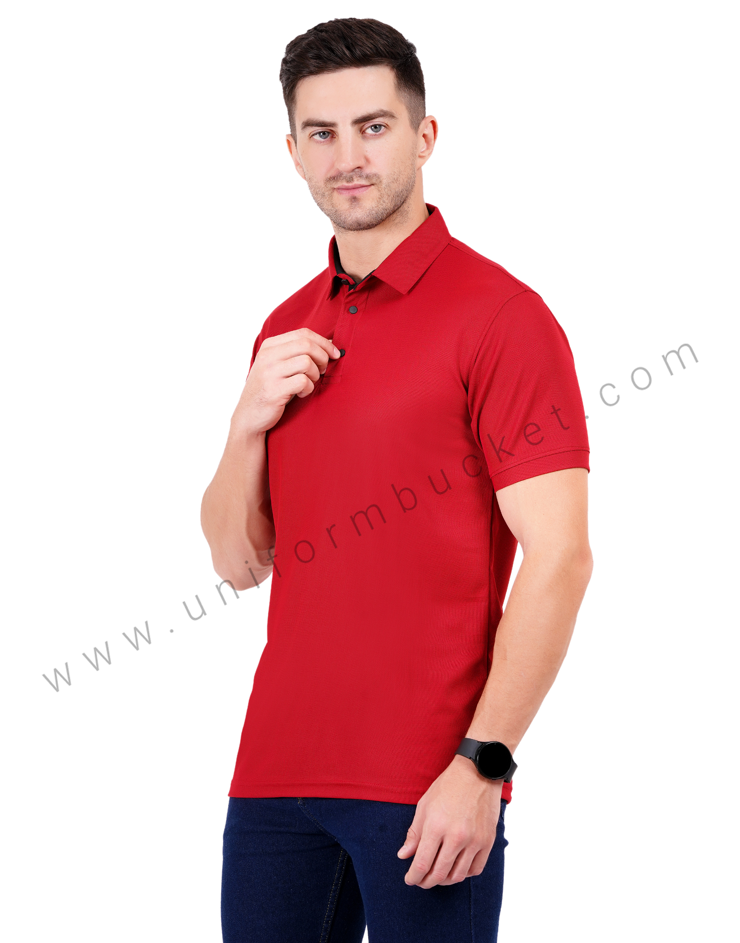 Red polo T-shirt with black detailing view 1
