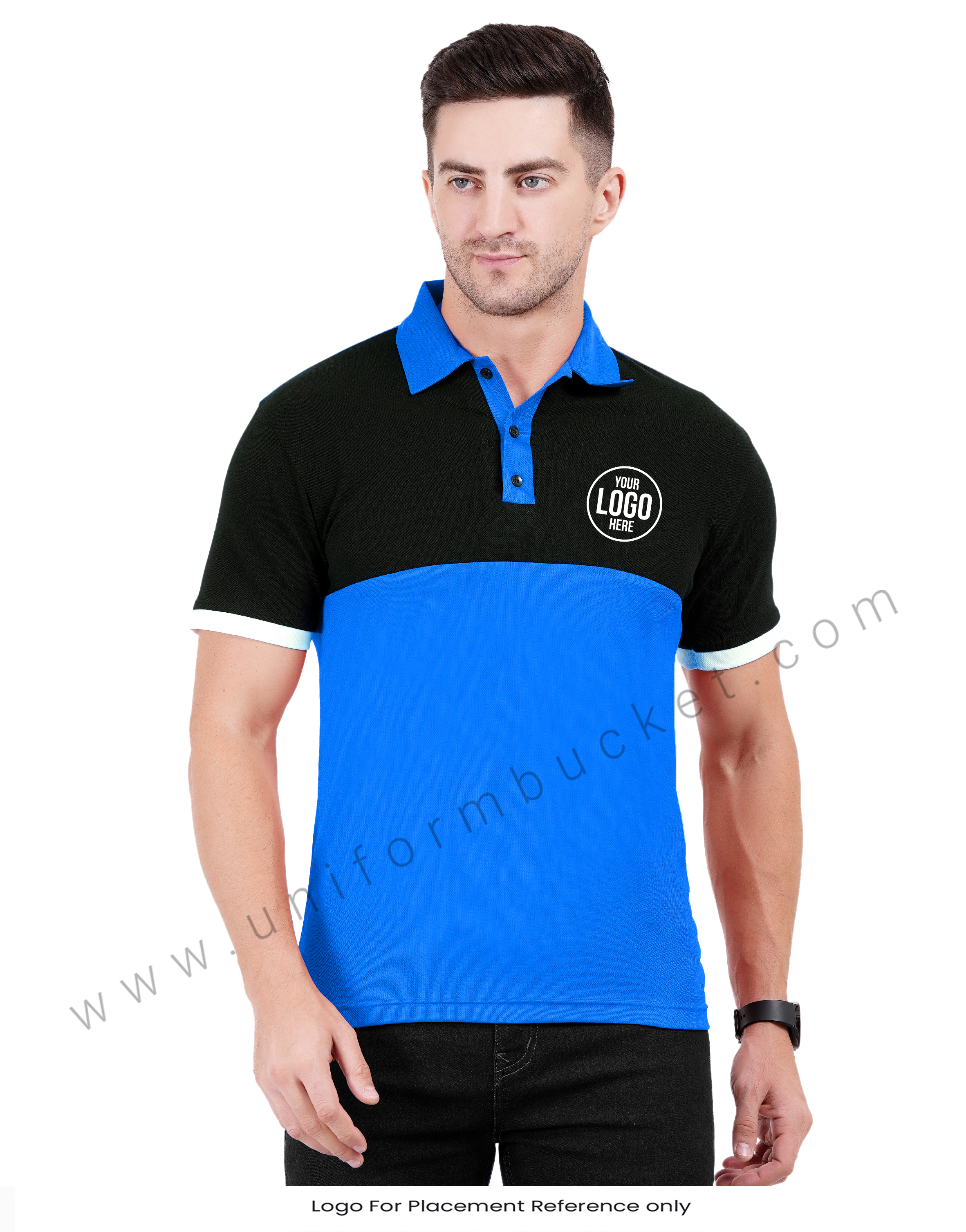 Royal blue and black color-blocked polo T-shirt view 1