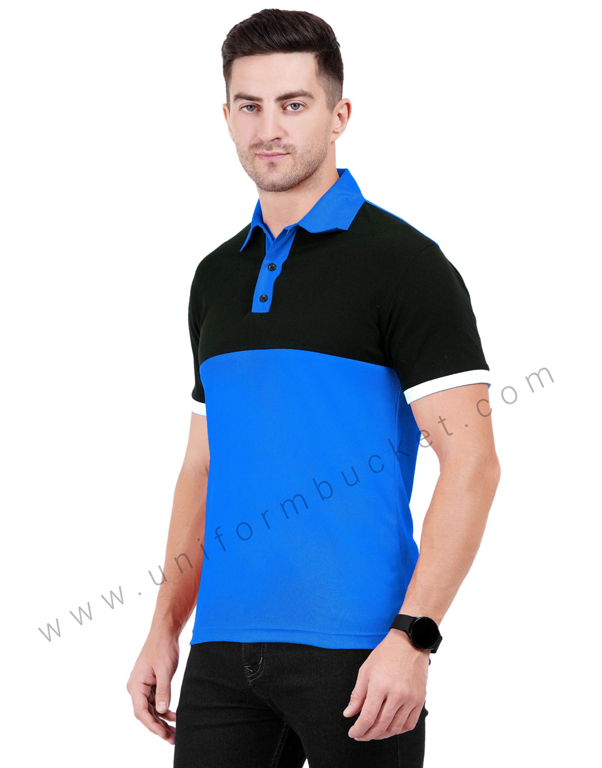 Royal blue and black color-blocked polo T-shirt thumbnail 2