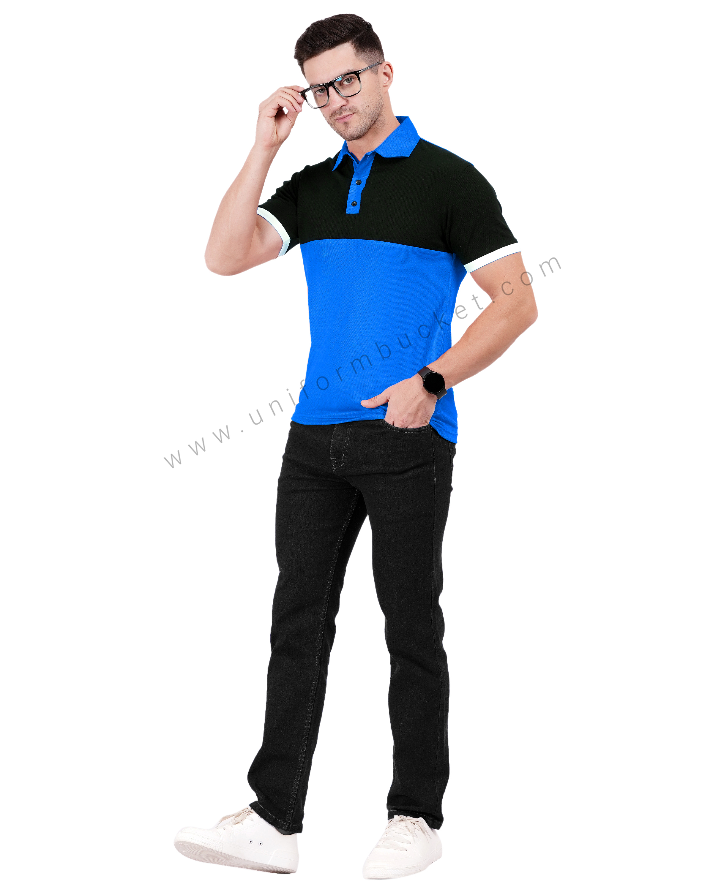 Royal blue and black color-blocked polo T-shirt thumbnail 5