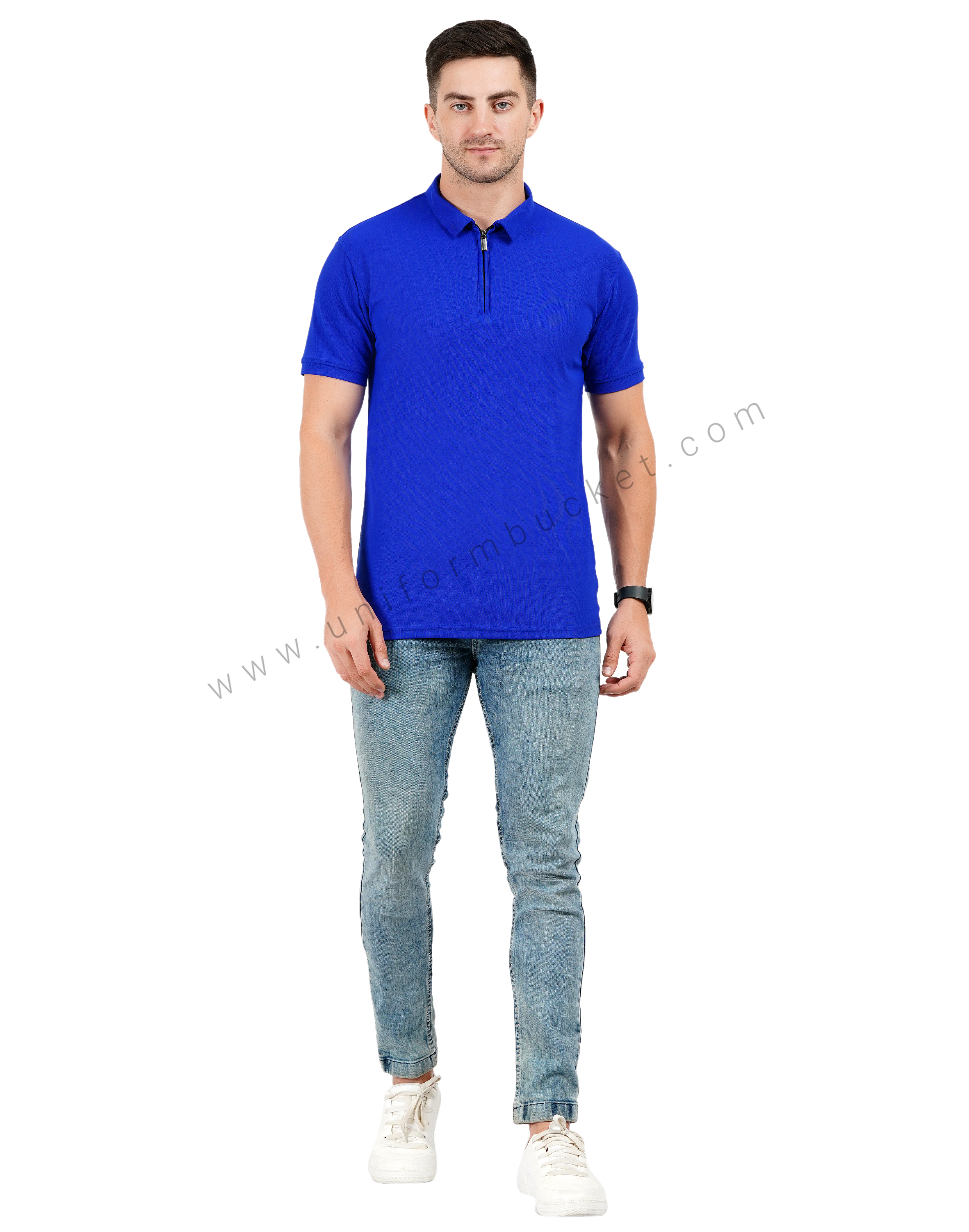 Royal blue zipper polo T-shirt thumbnail 5