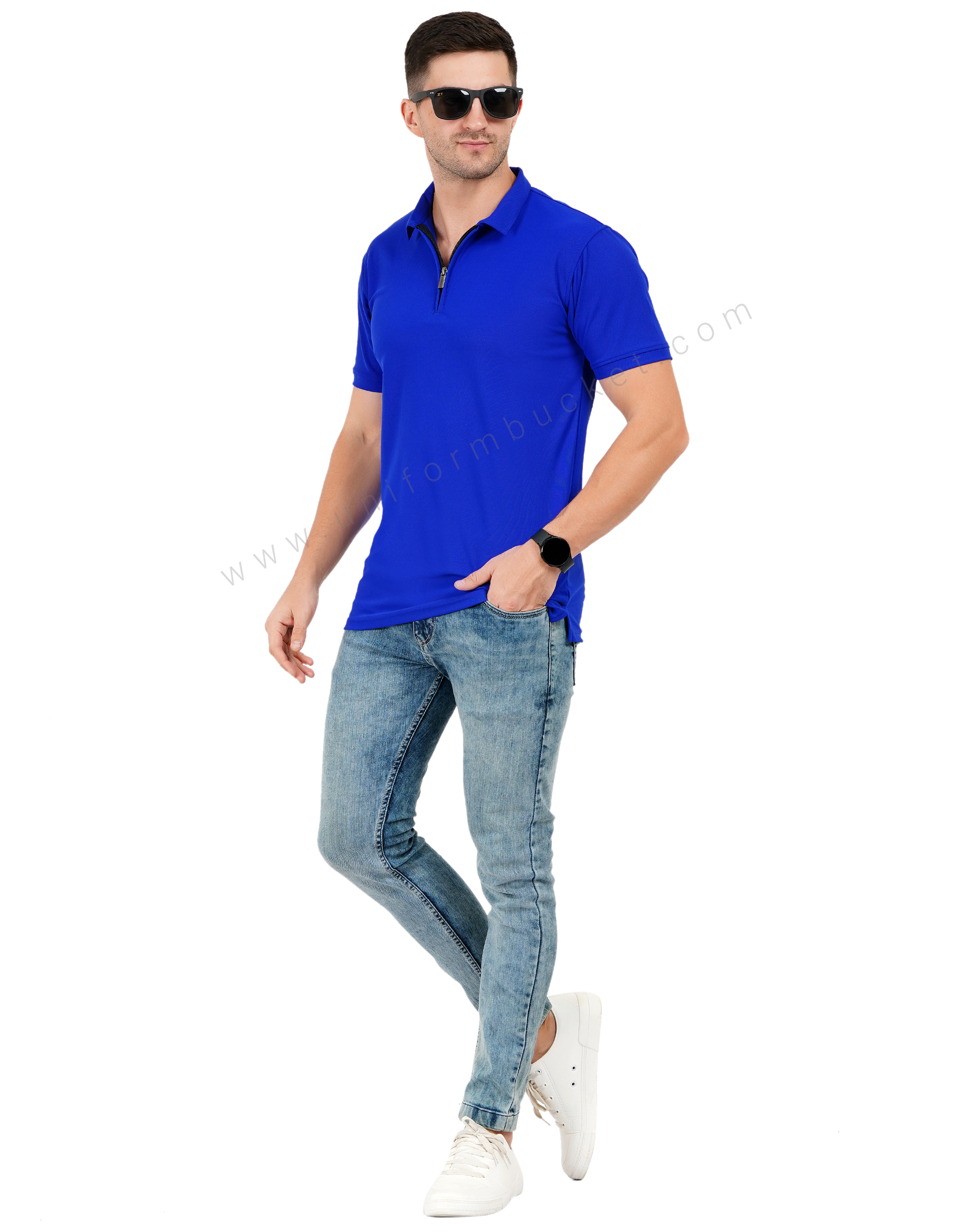 Royal blue zipper polo T-shirt thumbnail 6