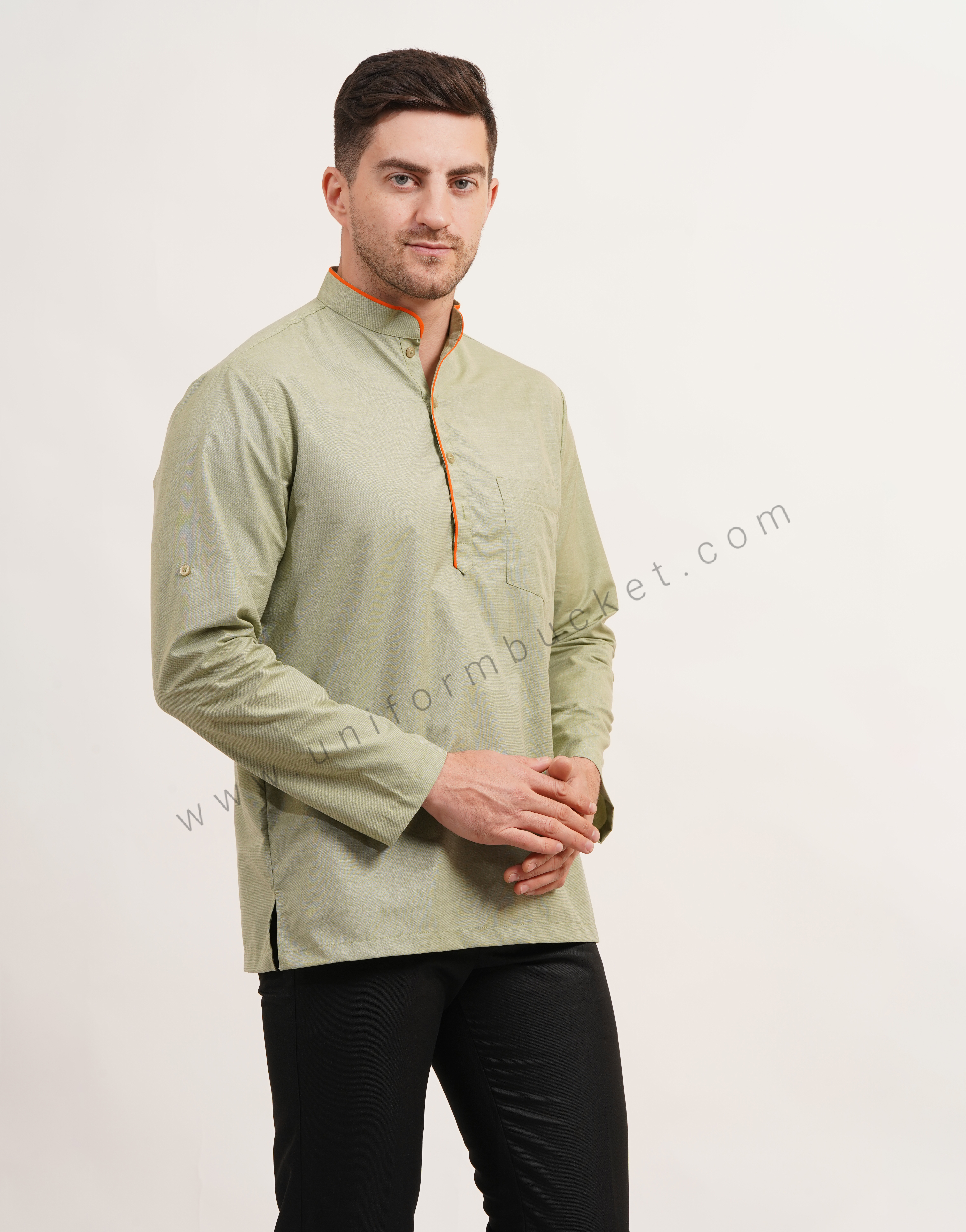 Sage green short male kurta with full sleeve thumbnail 2