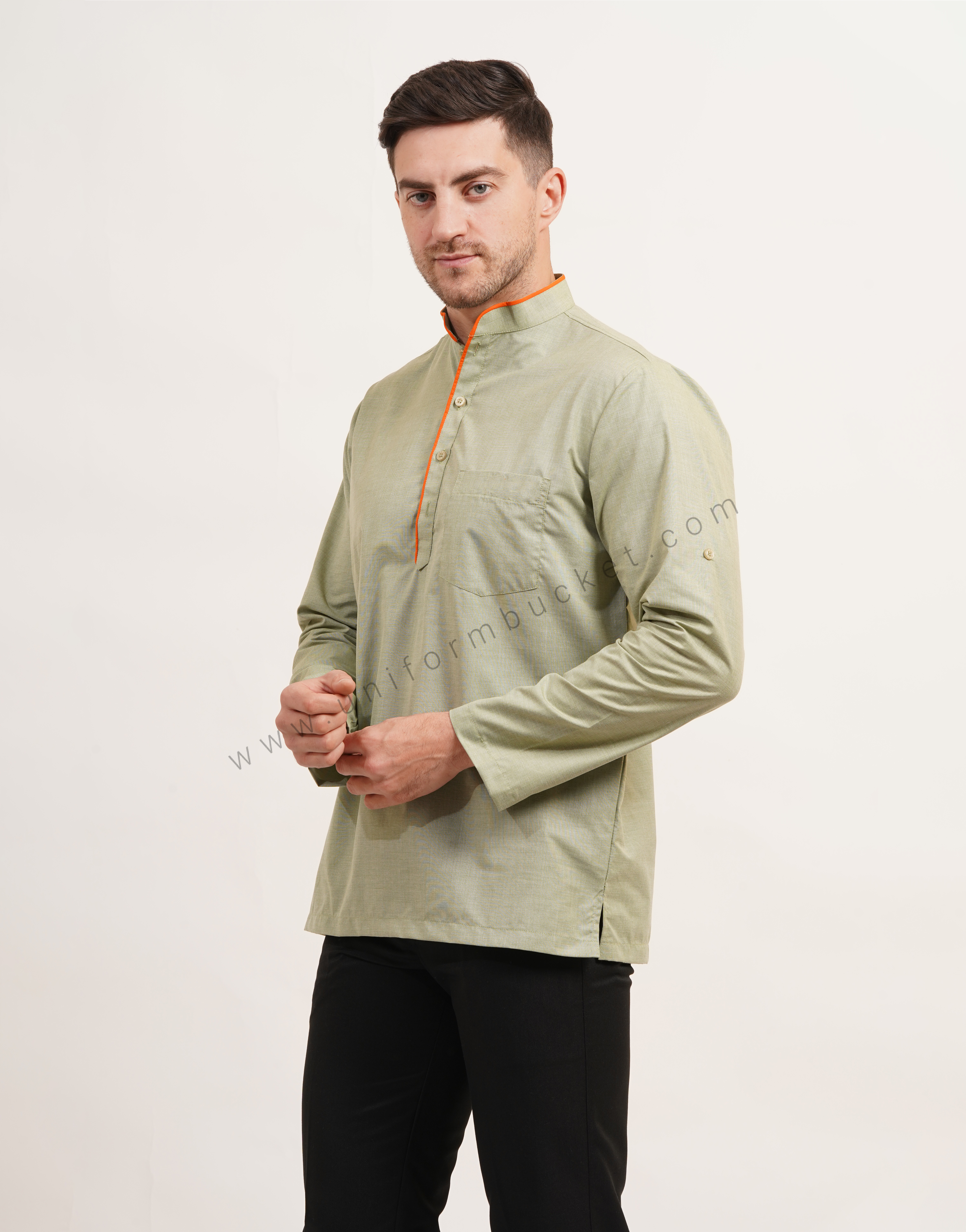 Sage green short male kurta with full sleeve thumbnail 3