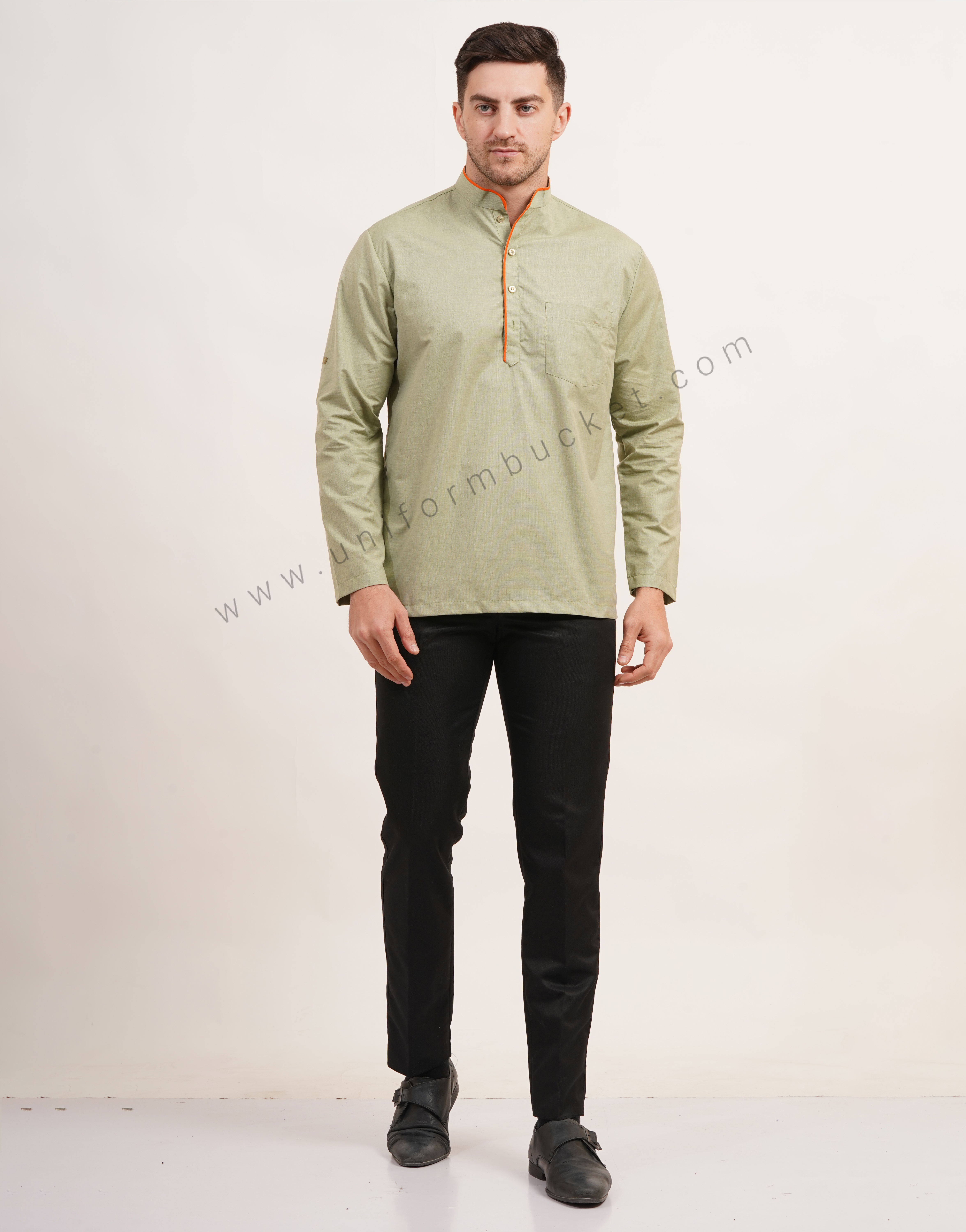 Sage green short male kurta with full sleeve thumbnail 4