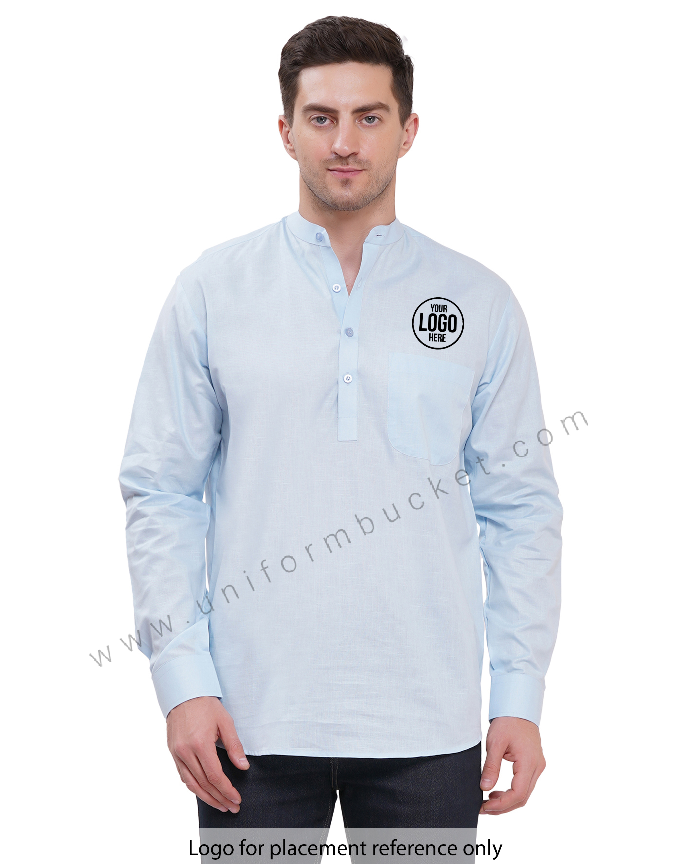 Sky Blue Linen Short male kurta with full sleeve & one patch pocket view 1