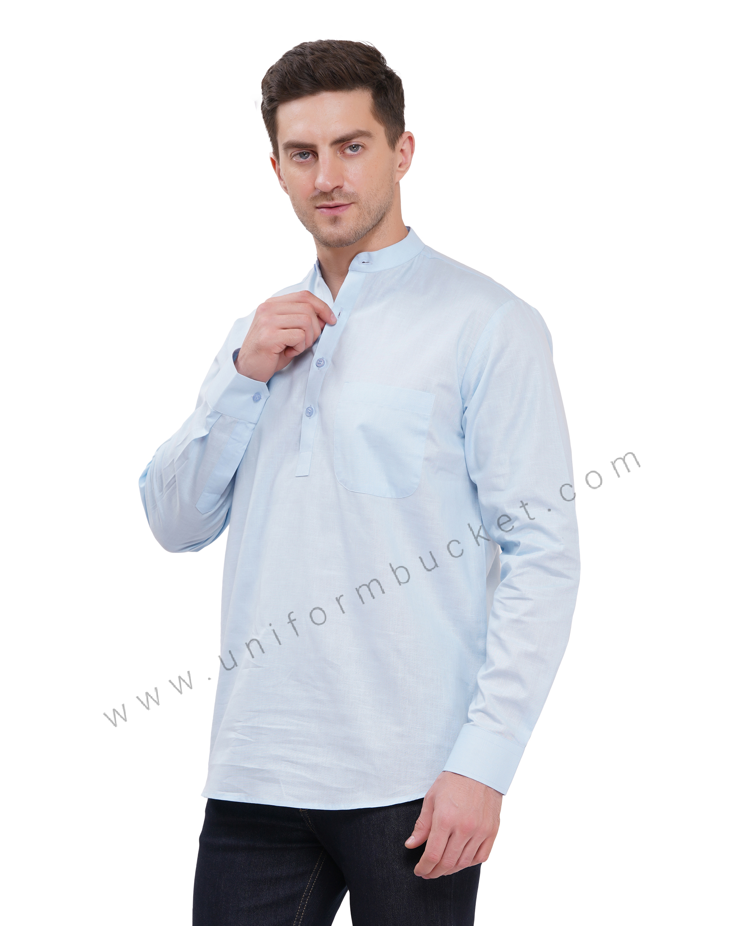 Sky Blue Linen Short male kurta with full sleeve & one patch pocket thumbnail 3