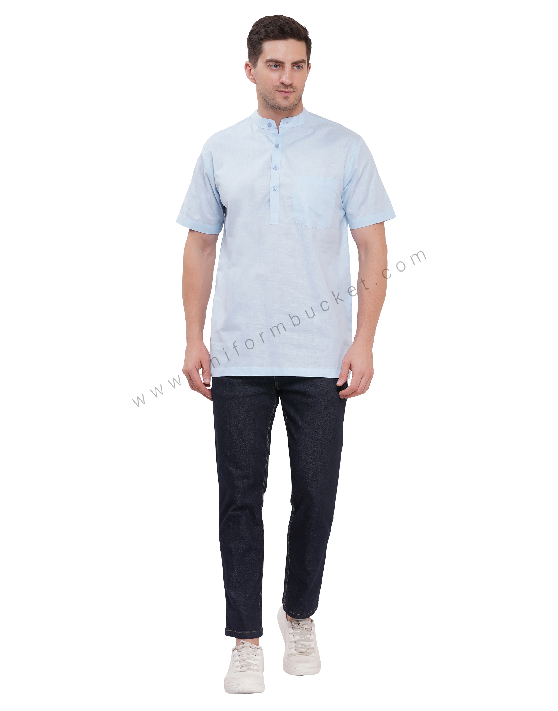 Sky Blue Linen Short male kurta with half sleeve & one patch pocket thumbnail 2