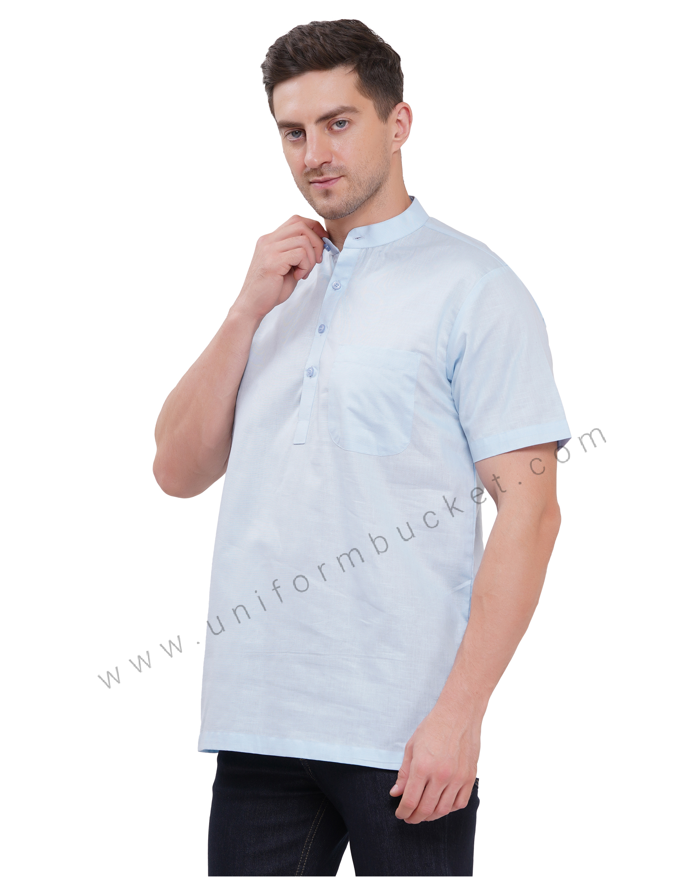 Sky Blue Linen Short male kurta with half sleeve & one patch pocket thumbnail 3
