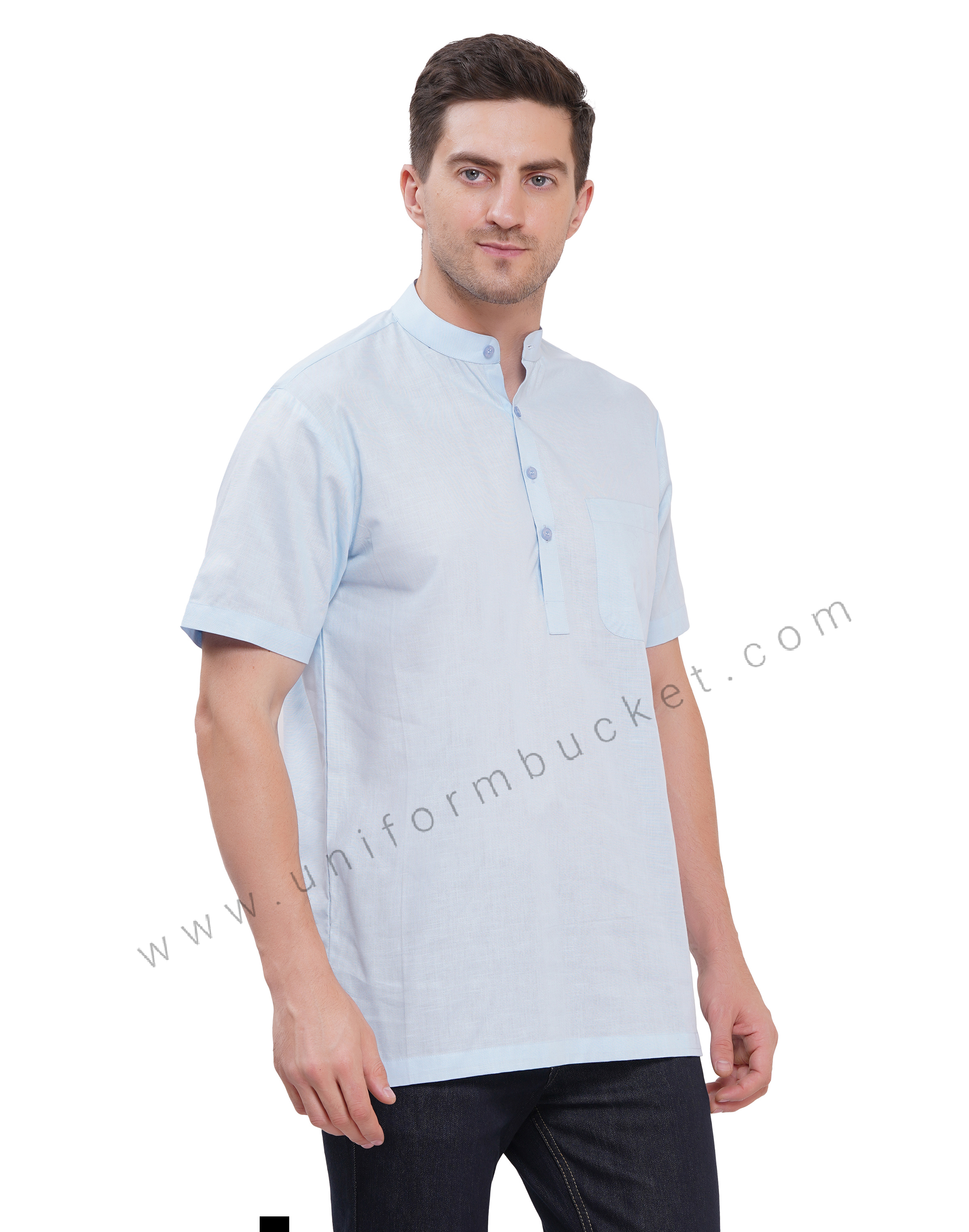 Sky Blue Linen Short male kurta with half sleeve & one patch pocket thumbnail 4