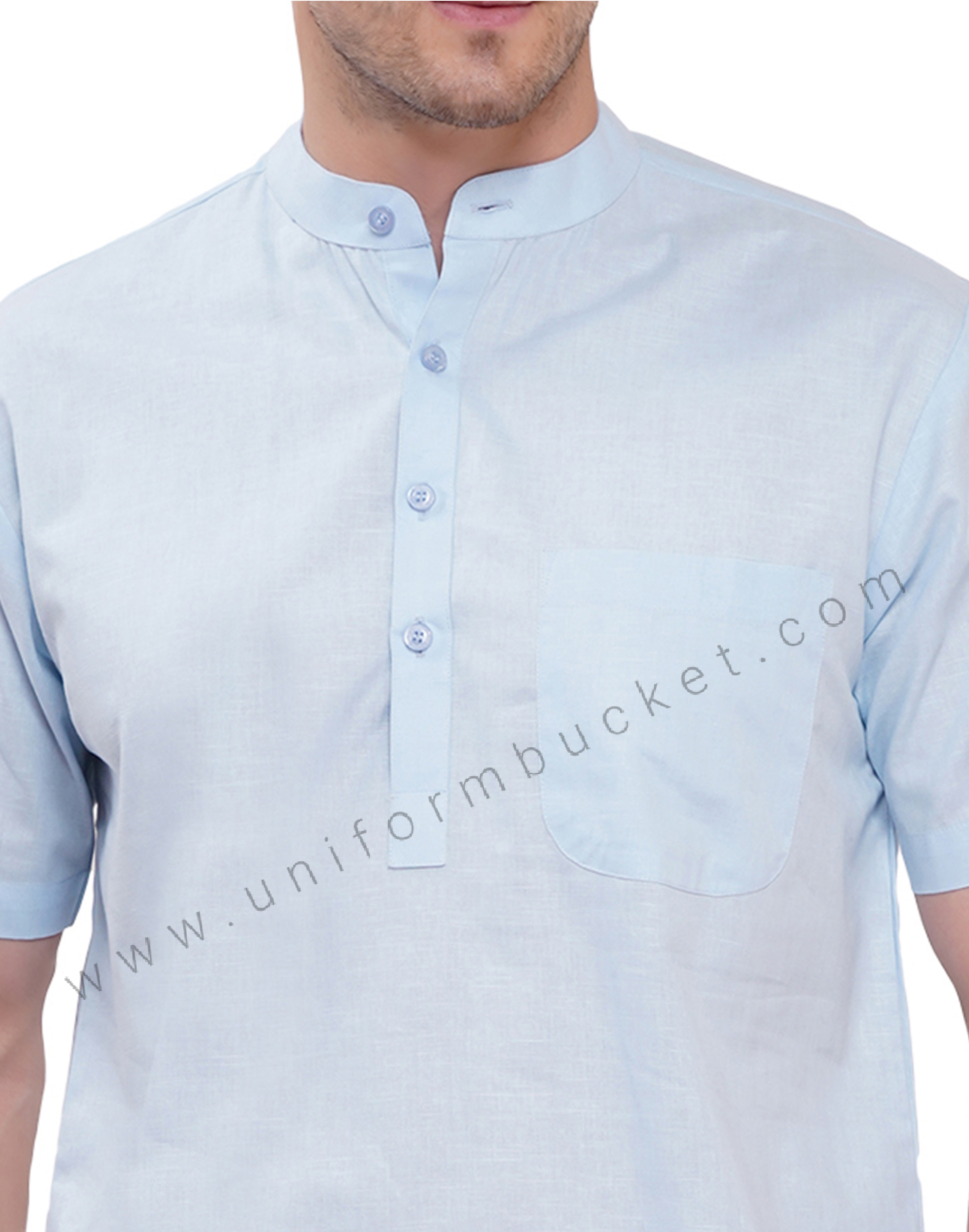 Sky Blue Linen Short male kurta with half sleeve & one patch pocket thumbnail 6