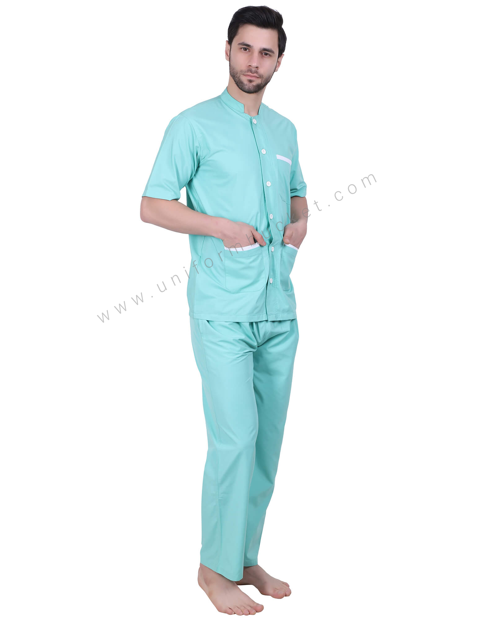 Band Collar Turquoise Blue shirt view 1