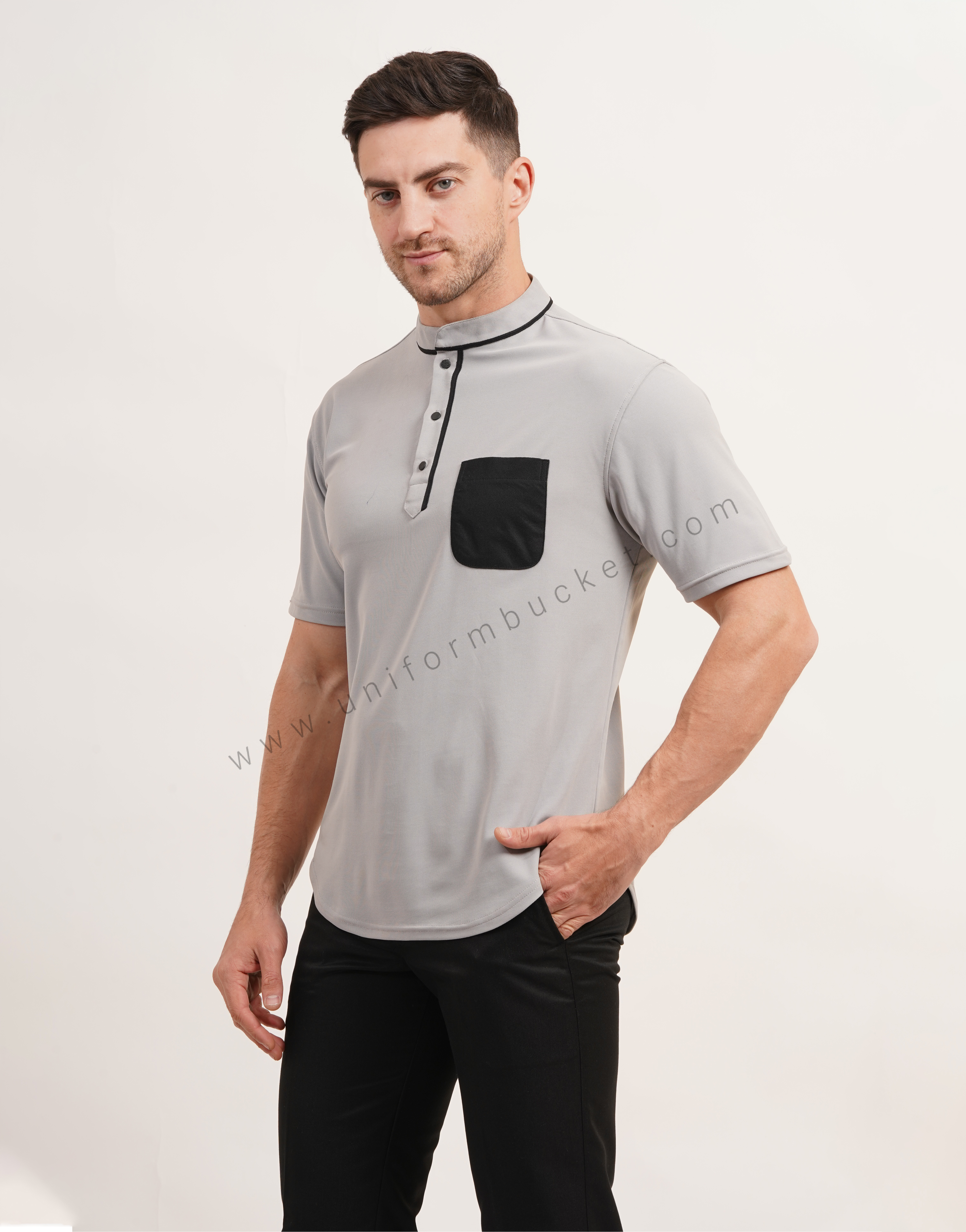 stylish ban collar  t-shirt with apple cut bottom  & patch pocket thumbnail 2
