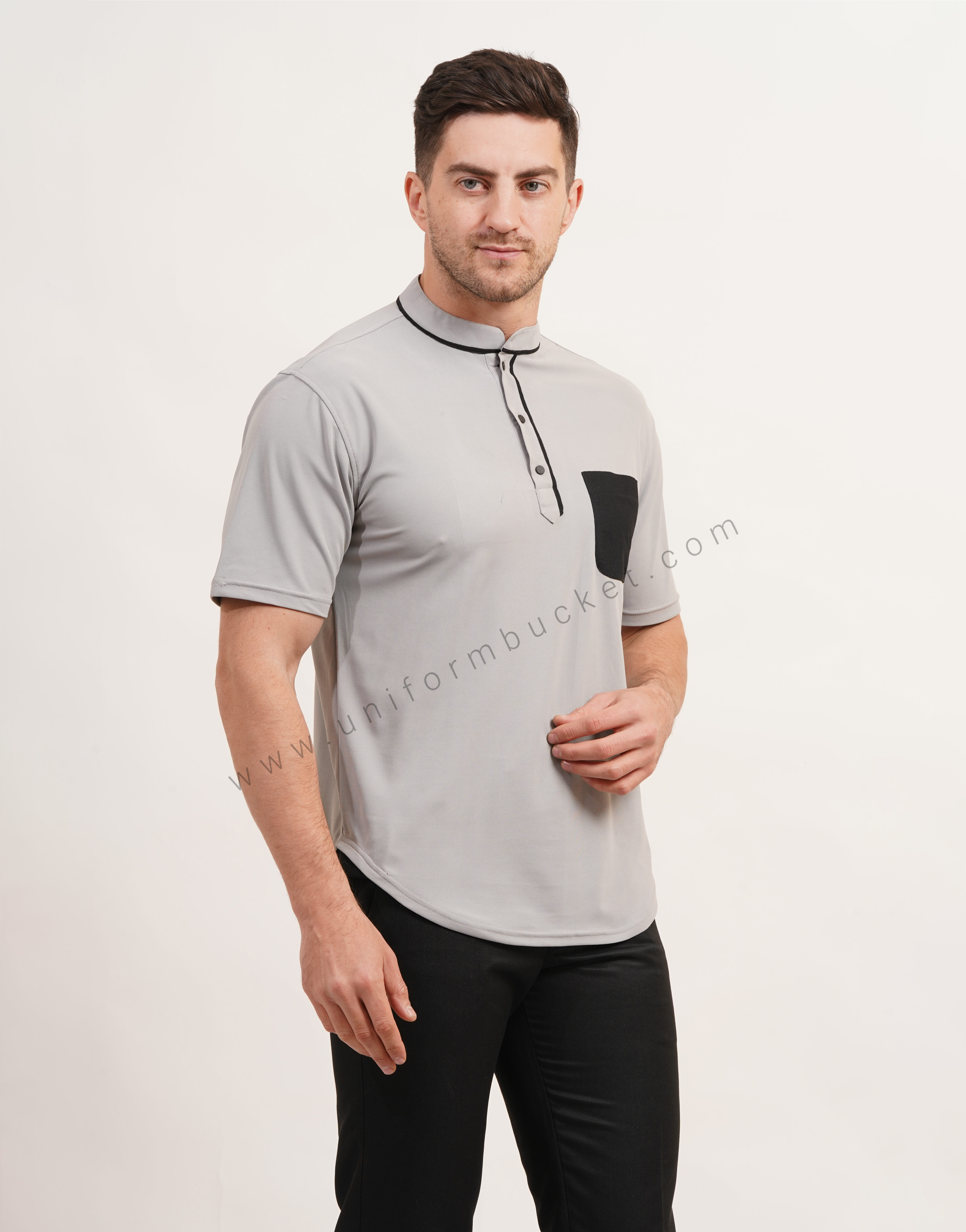 stylish ban collar  t-shirt with apple cut bottom  & patch pocket thumbnail 3