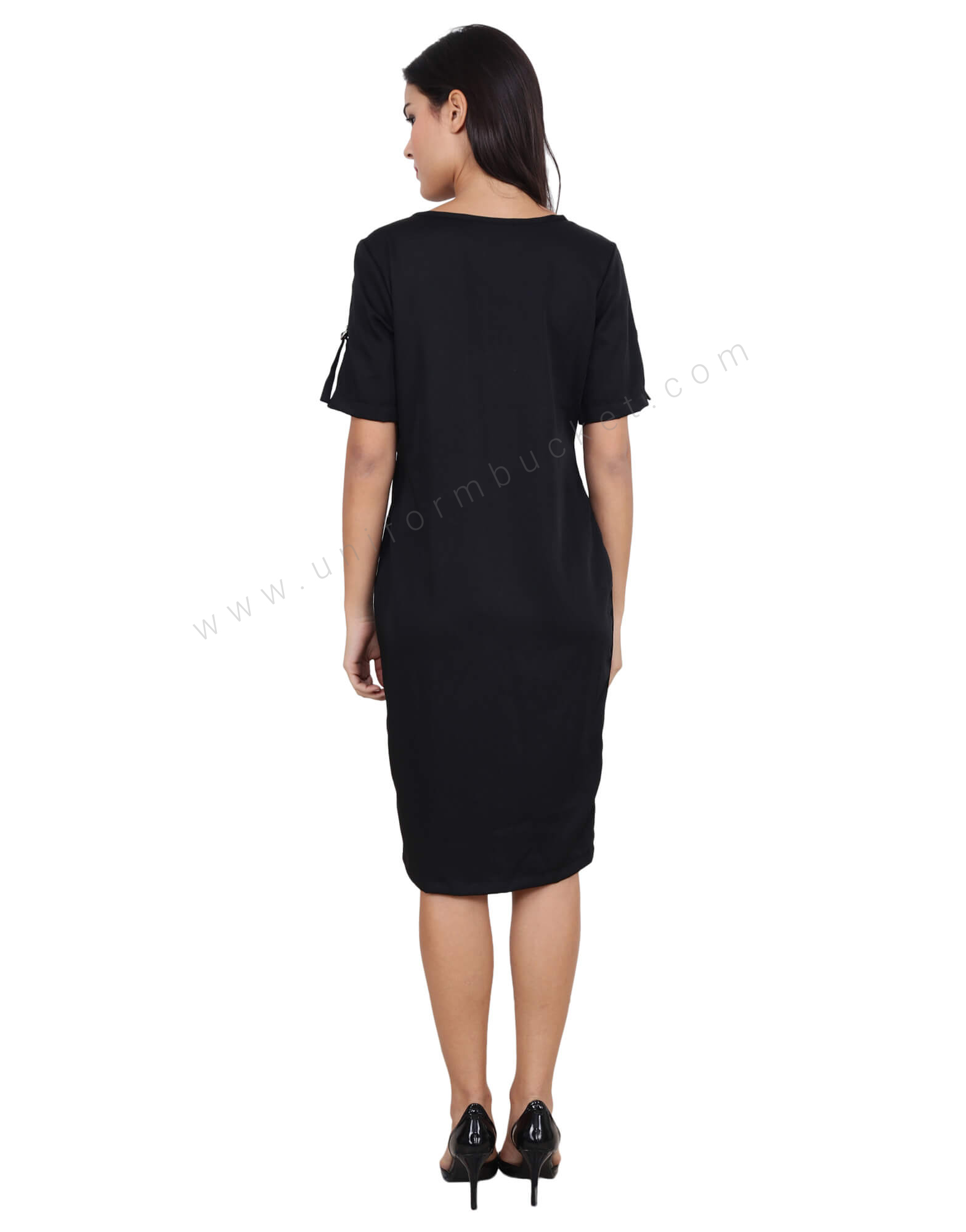 Knee Length Black Dress With Sleeve Buckles thumbnail 3