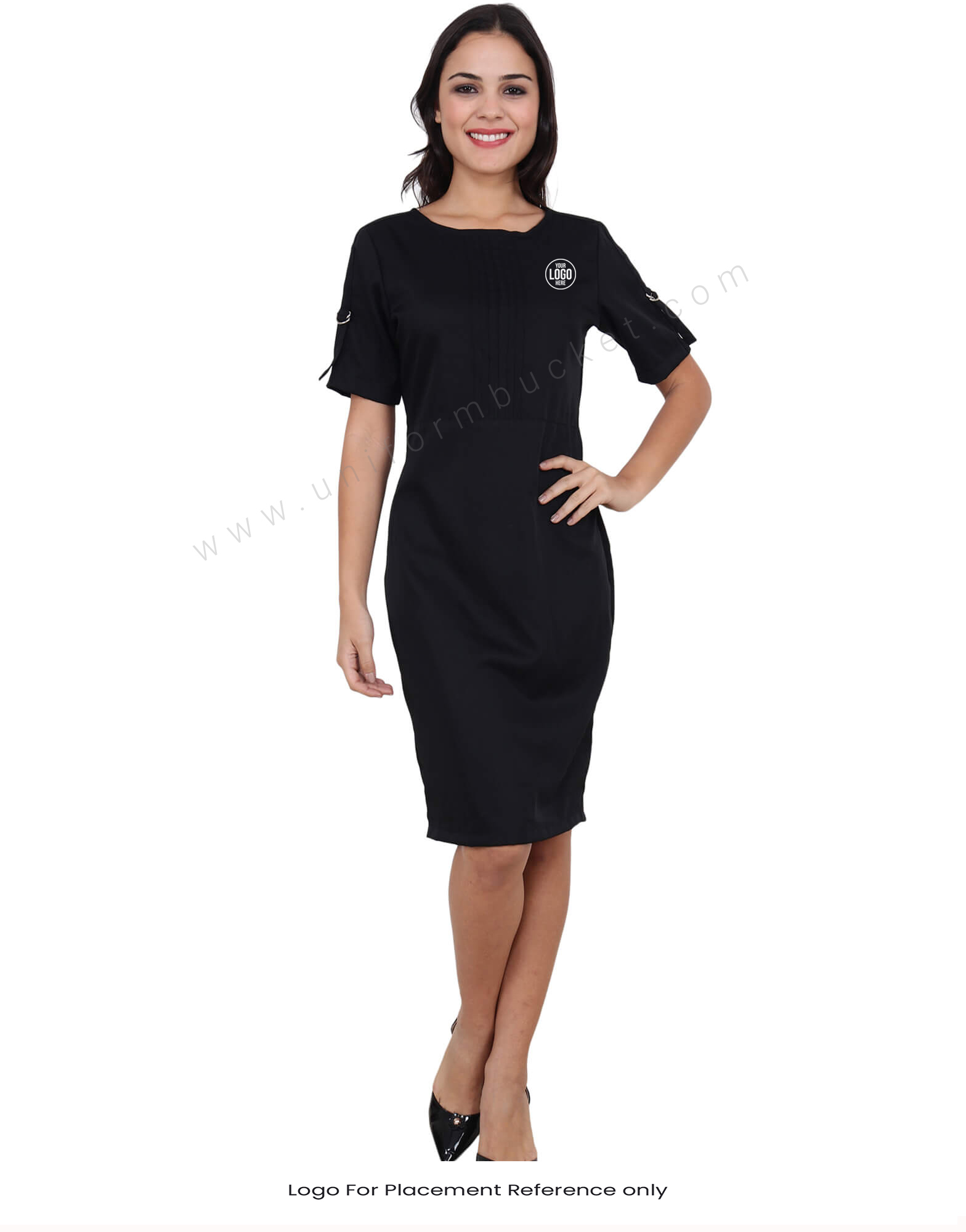 Knee Length Black Dress With Sleeve Buckles thumbnail 4