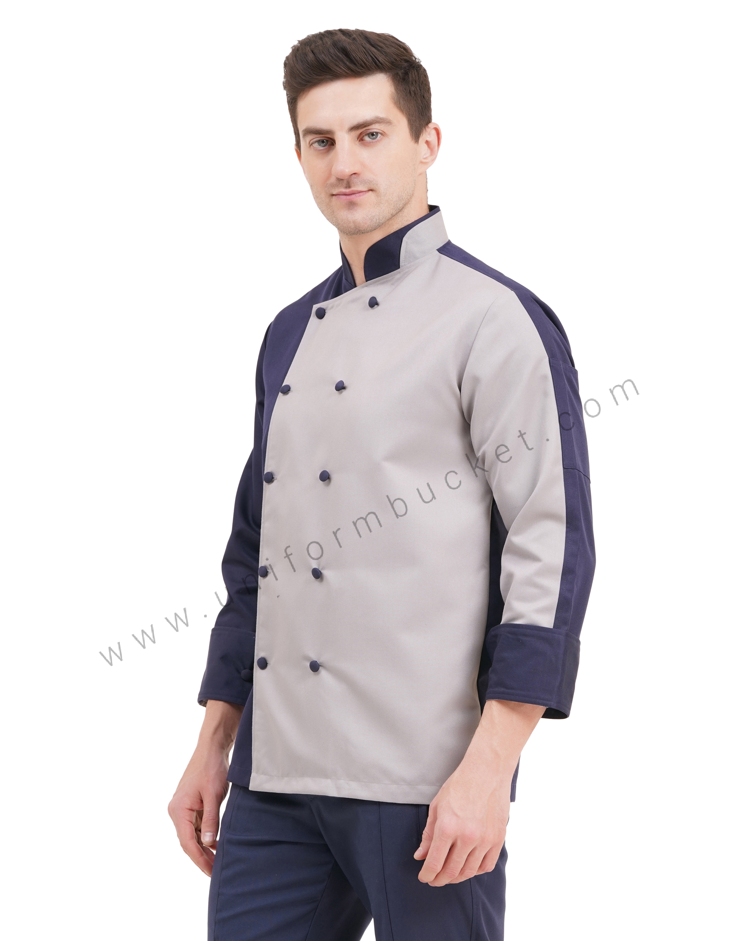 stylish male chef coat with 3/4 sleeve & two color  collar view 1