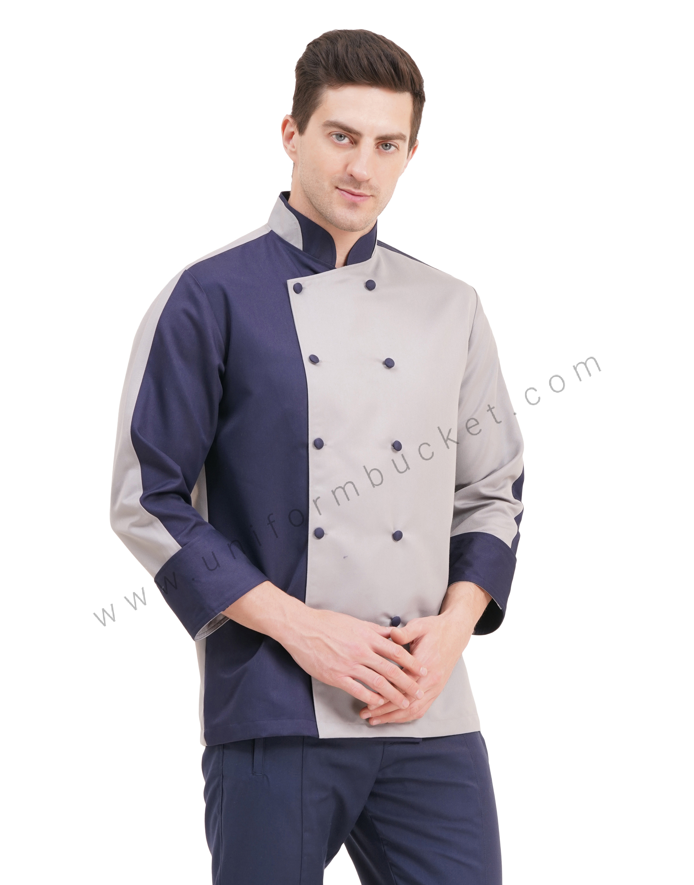 stylish male chef coat with 3/4 sleeve & two color  collar thumbnail 2