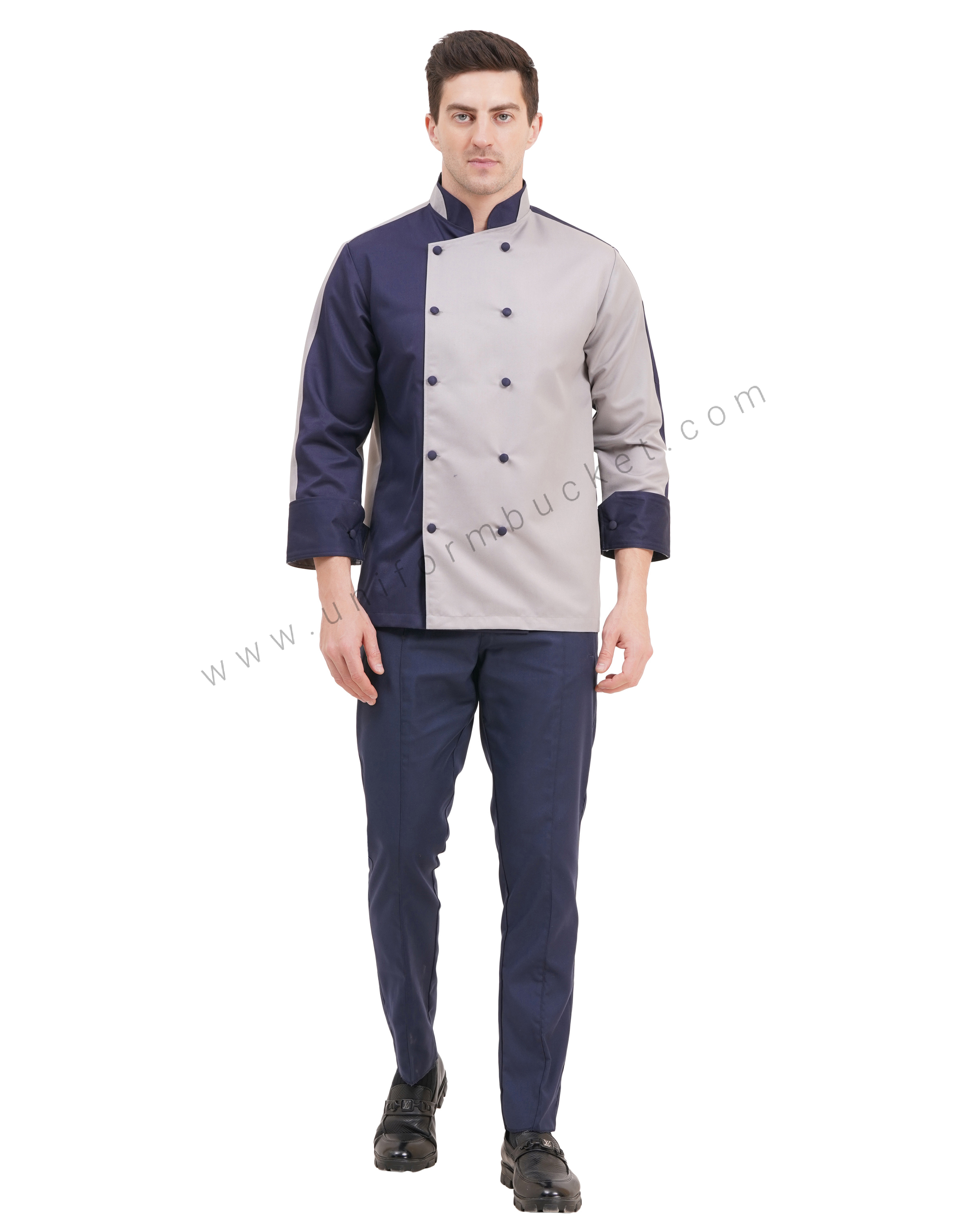 stylish male chef coat with 3/4 sleeve & two color  collar thumbnail 4