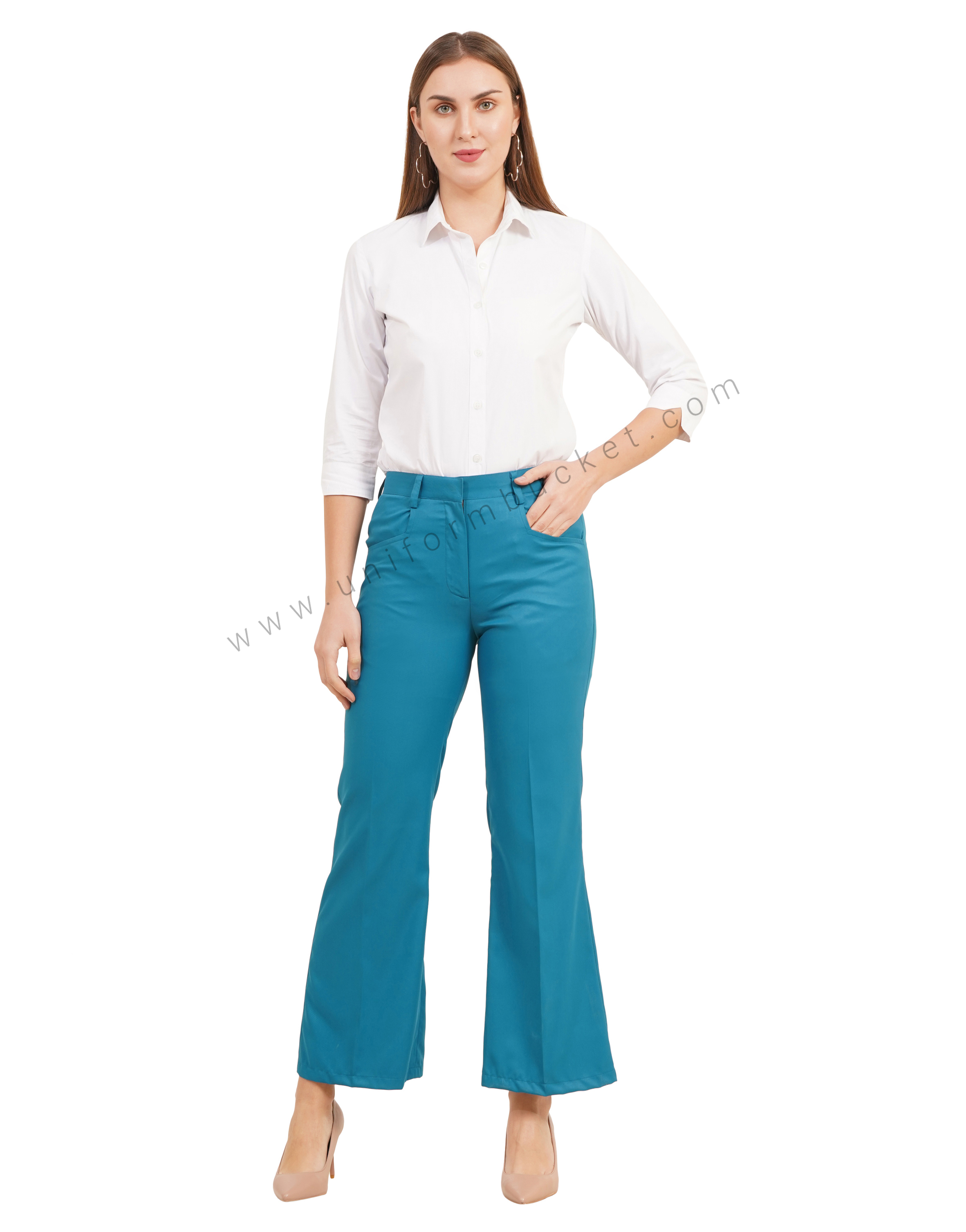 Teal Blue Bell Bottom trouser with closed pant pocket thumbnail 5