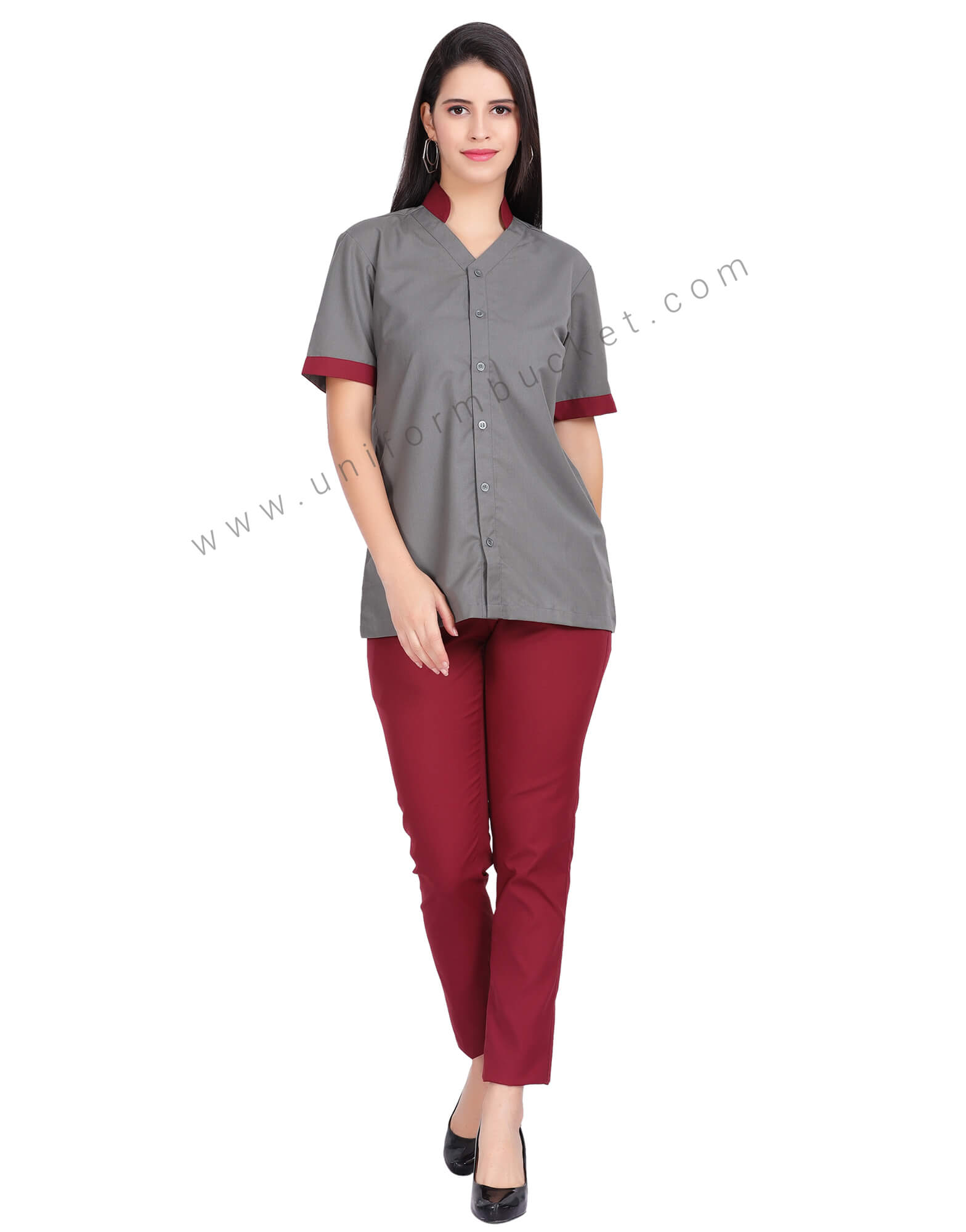 V NECK FEMALE SHIRT WITH MAROON BAN COLLAR view 1