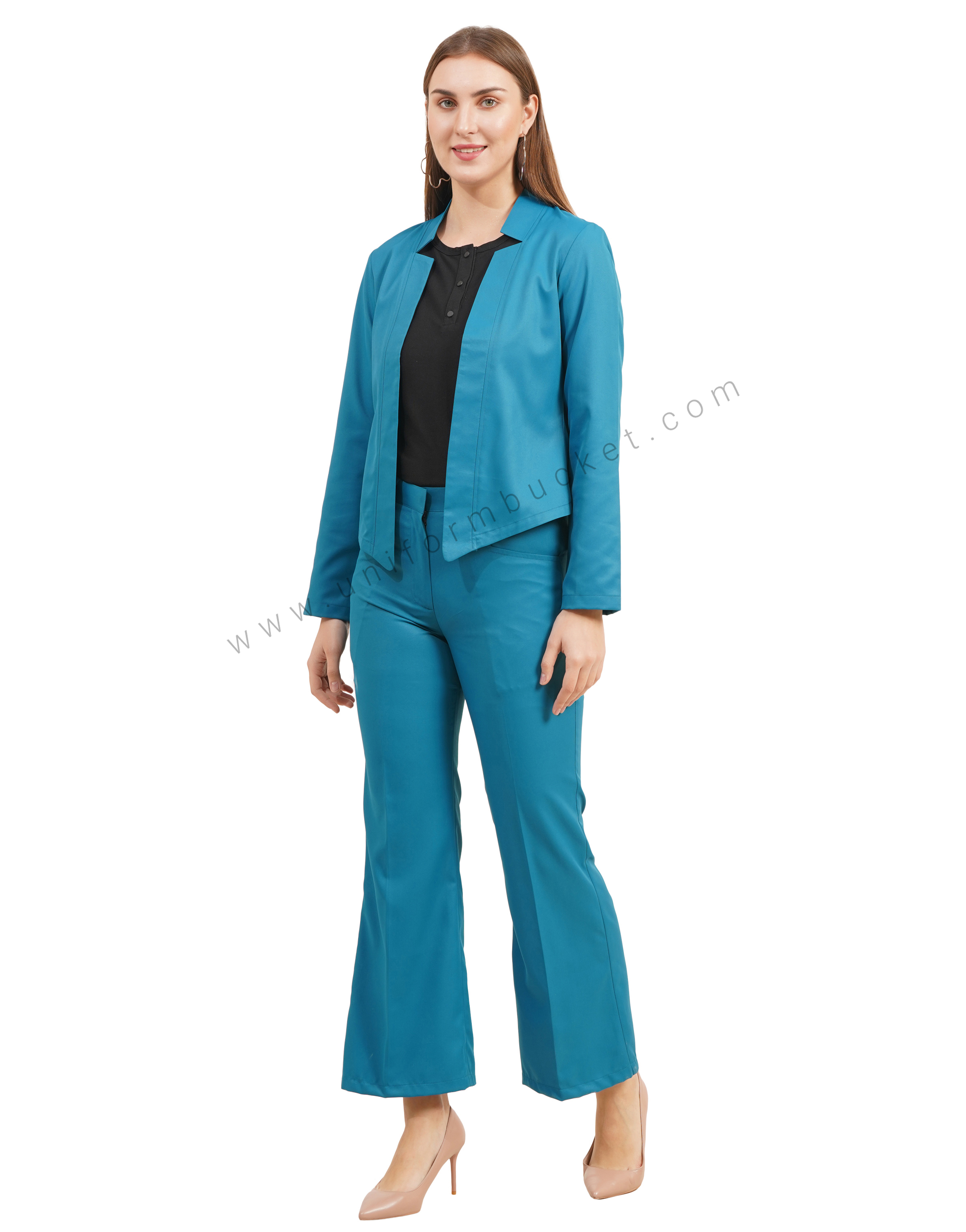 V Notch Collar minimalist short  teal blue blazer thumbnail 3