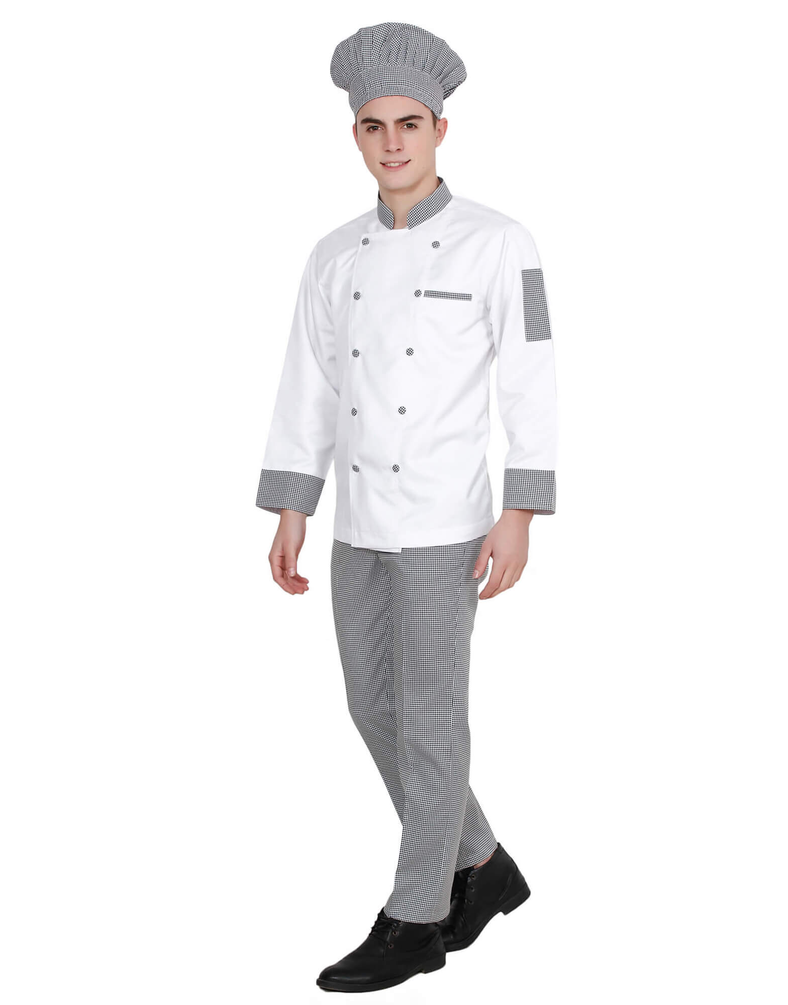 White Double Breasted Chef Coat With Check Pattern view 1
