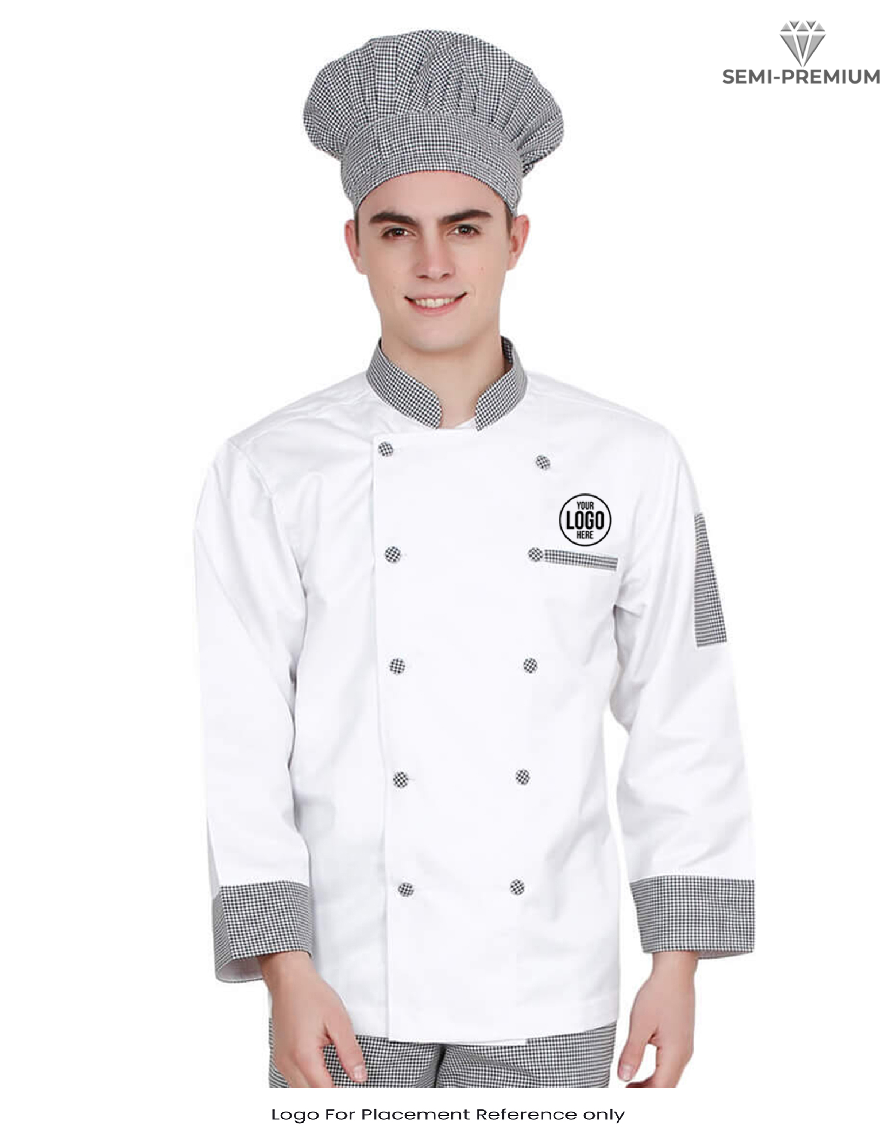 White Double Breasted Chef Coat With Check Pattern thumbnail 3